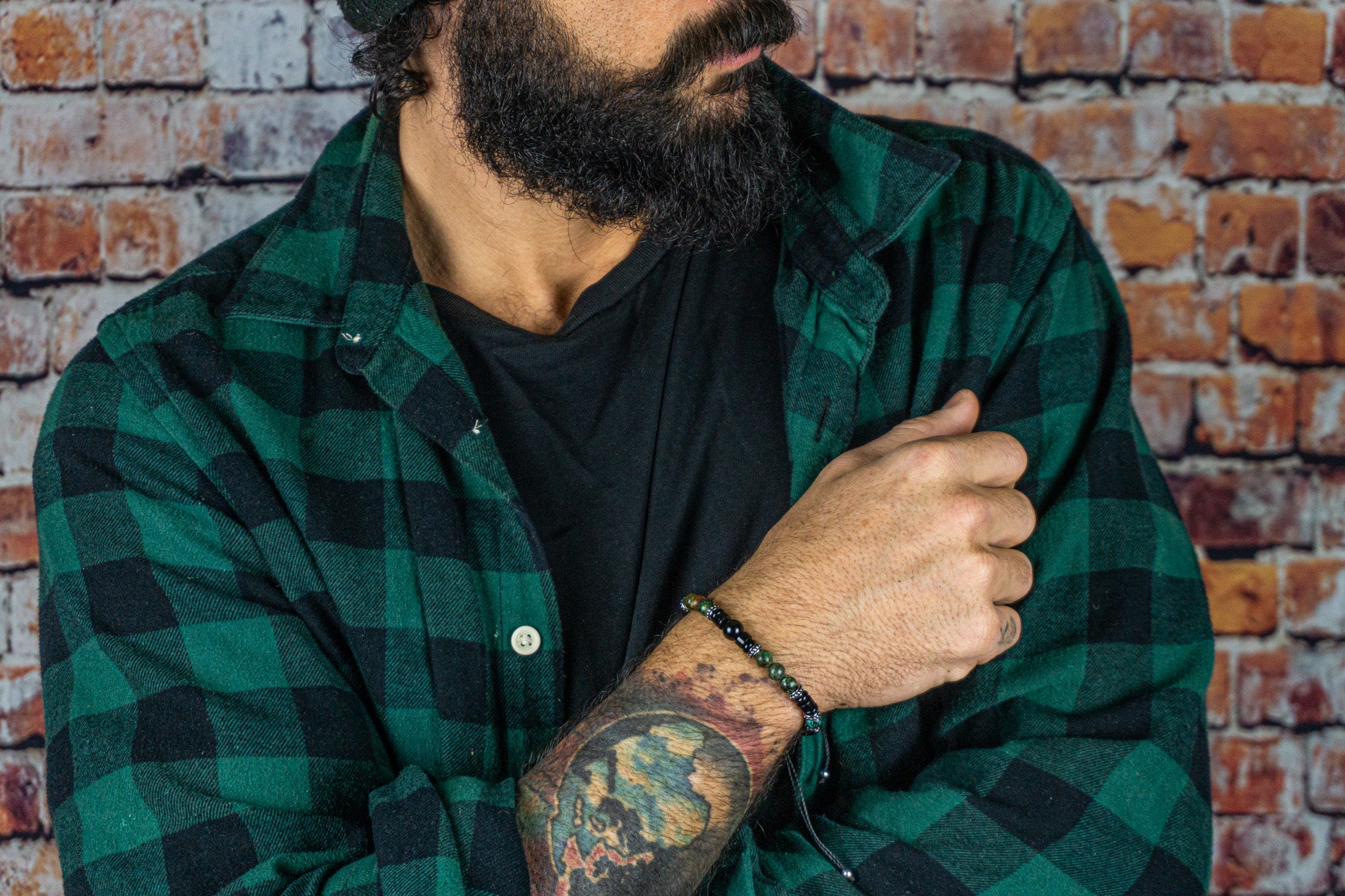 black onyx and green african turquoise and stainless steel details eaded bracelet for men