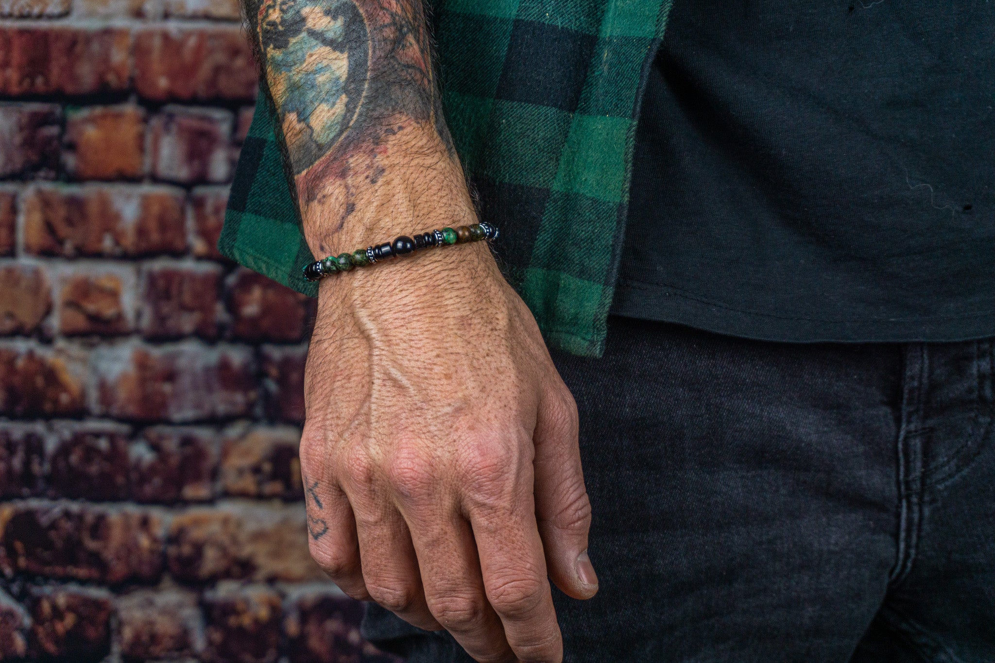 black onyx and green african turquoise and stainless steel spacer bead bracelet for men