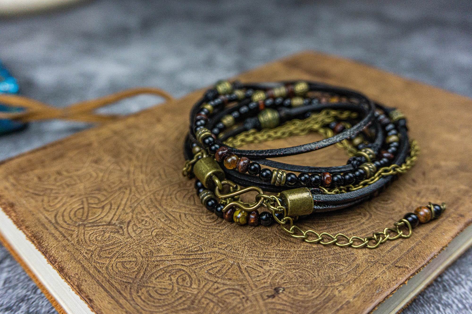 black onyx, wood , leather beaded wrap bracelet