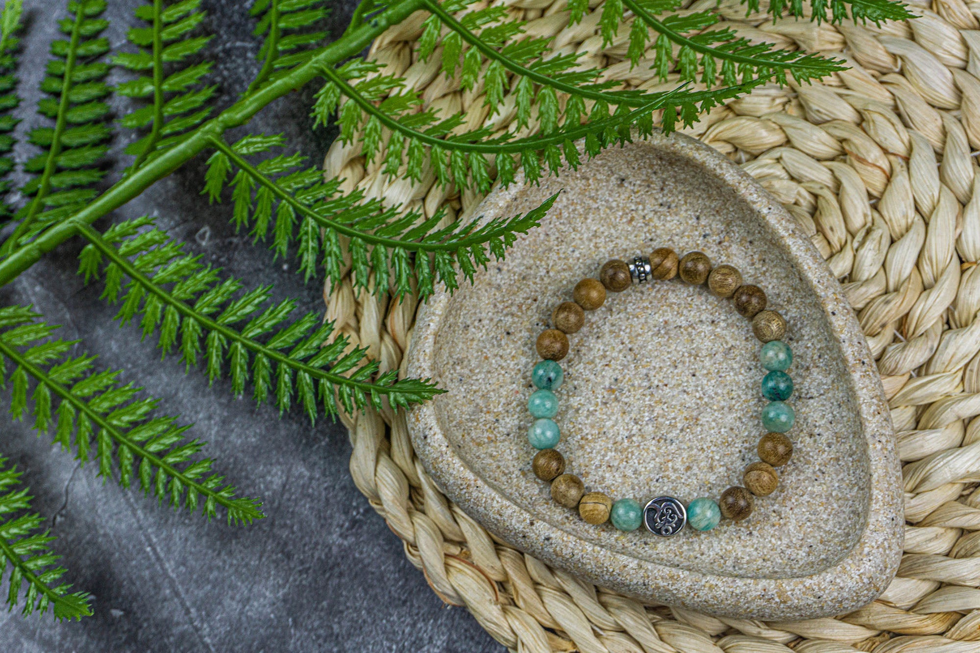 camphor wood amazonite om beaded bracelet for men