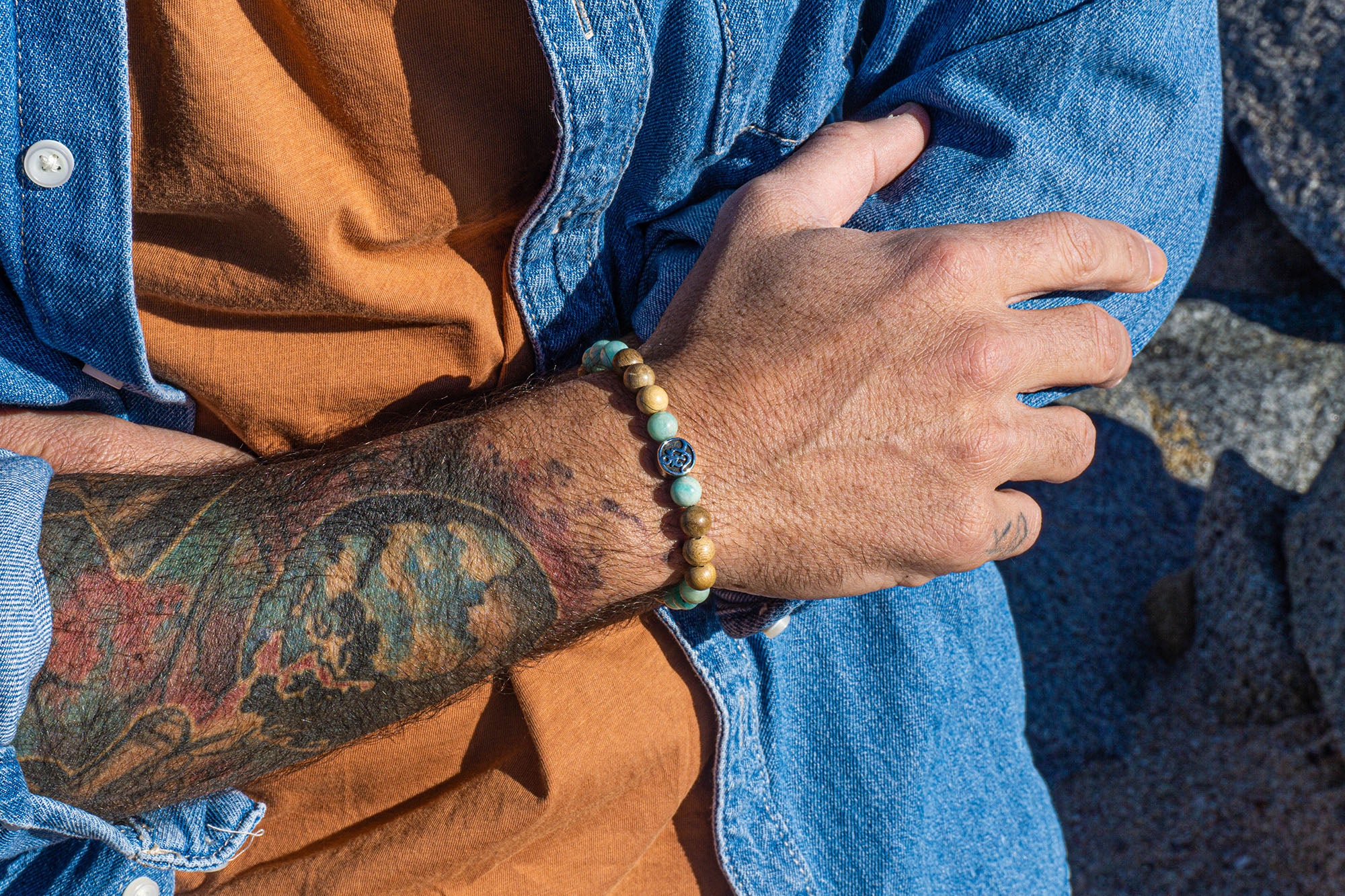 camphor wood amazonite om bead bracelet