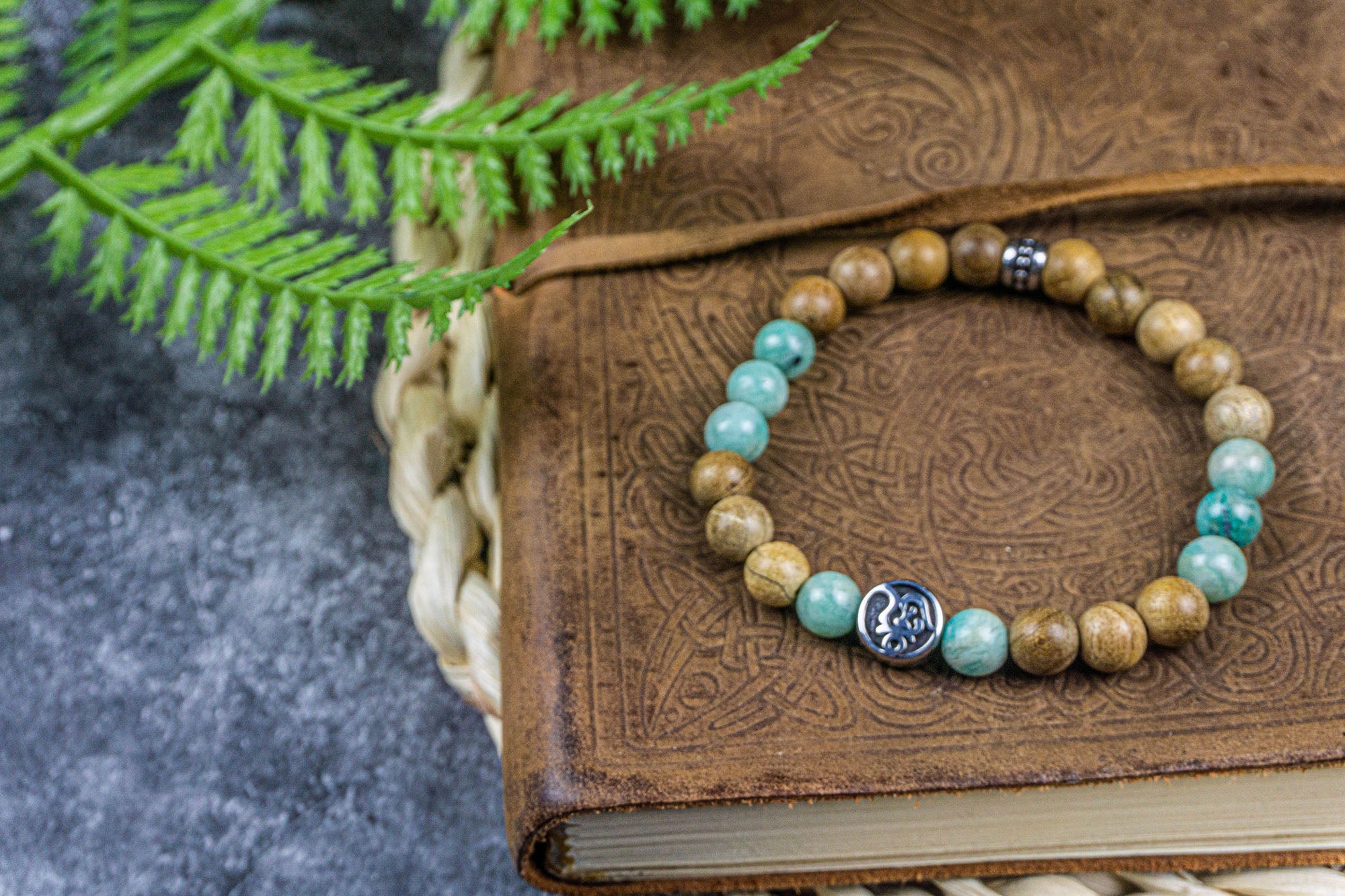 mens-camphor wood amazonite om beaded bracelet