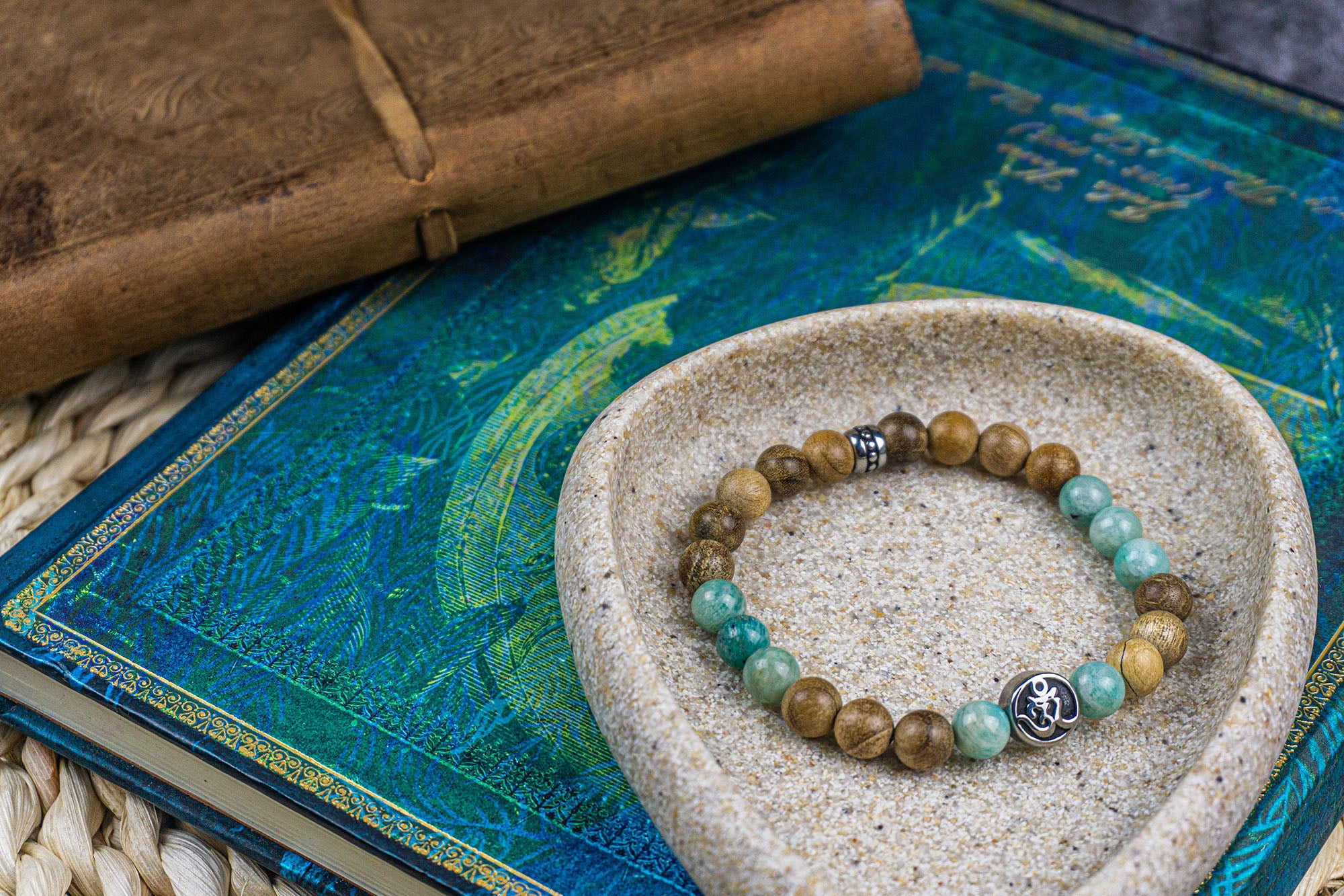 camphor wooden amazonite om beaded bracelet