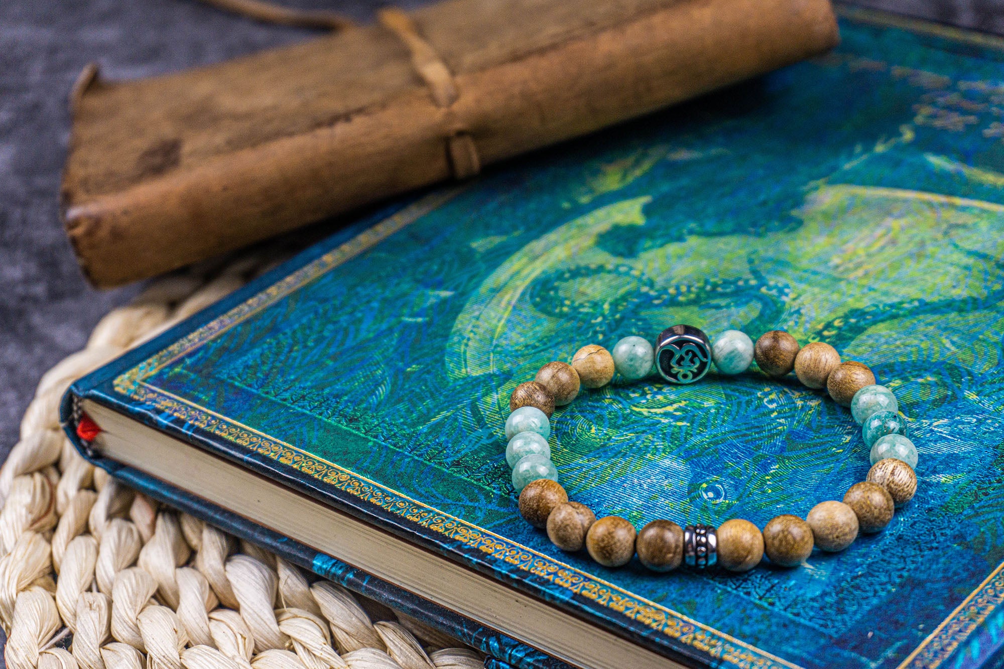 camphor wood amazonite gemstone om beaded bracelet