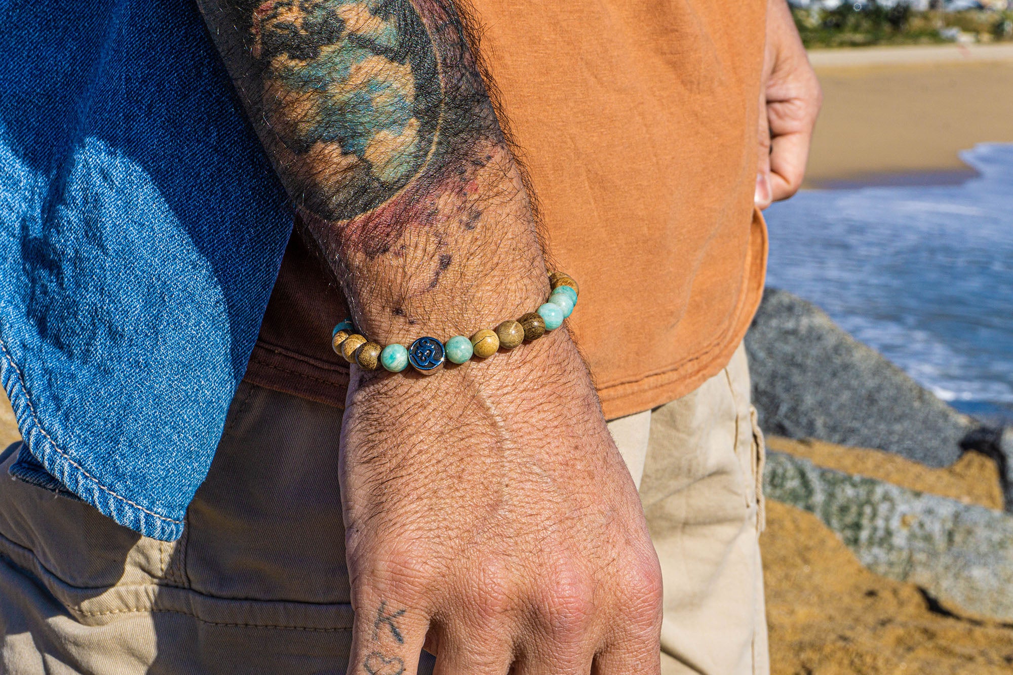 men camphor wood amazonite om beaded bracelet