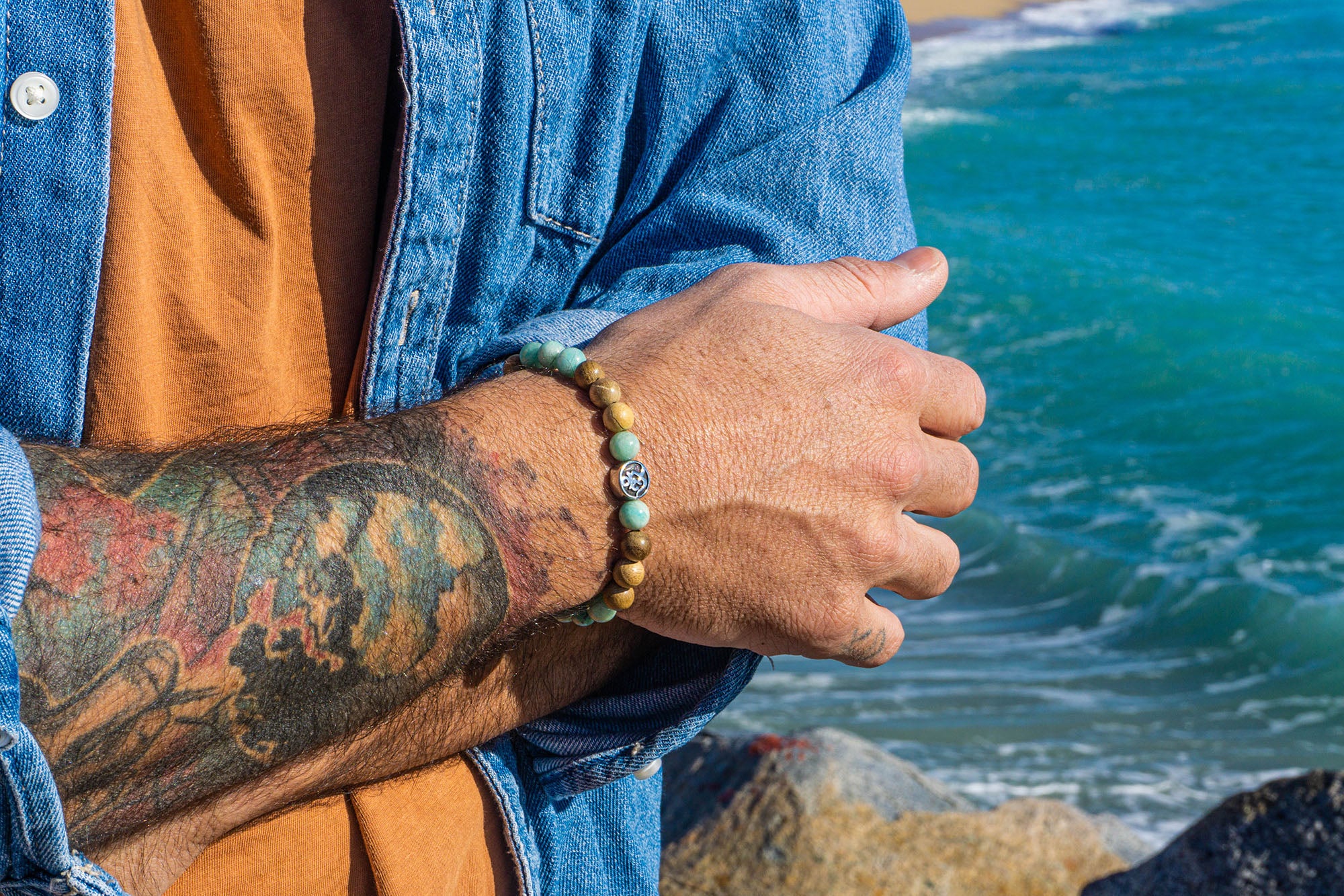 camphor wood amazonite beaded bracelet
