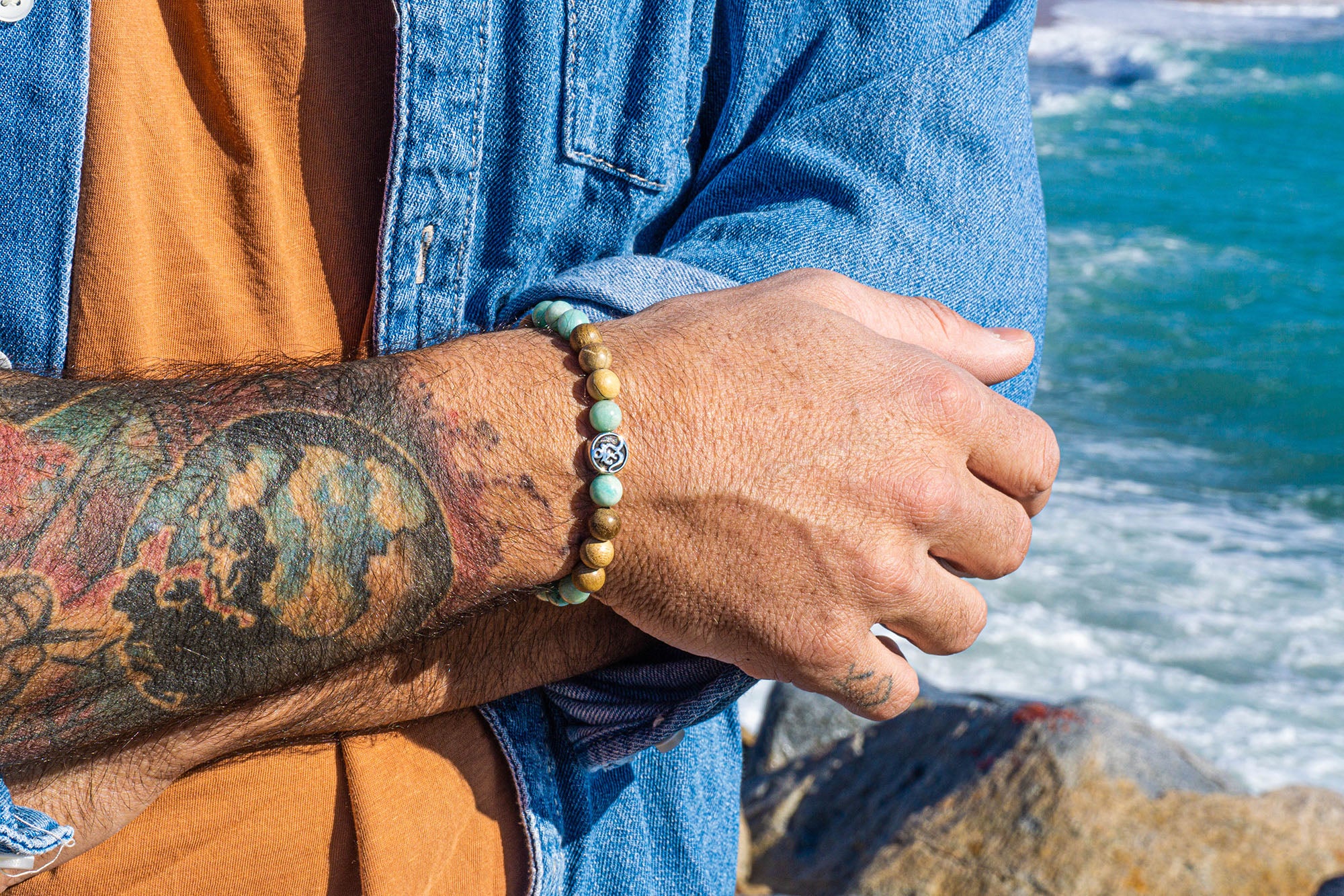 camphor wood gemstone om beaded bracelet