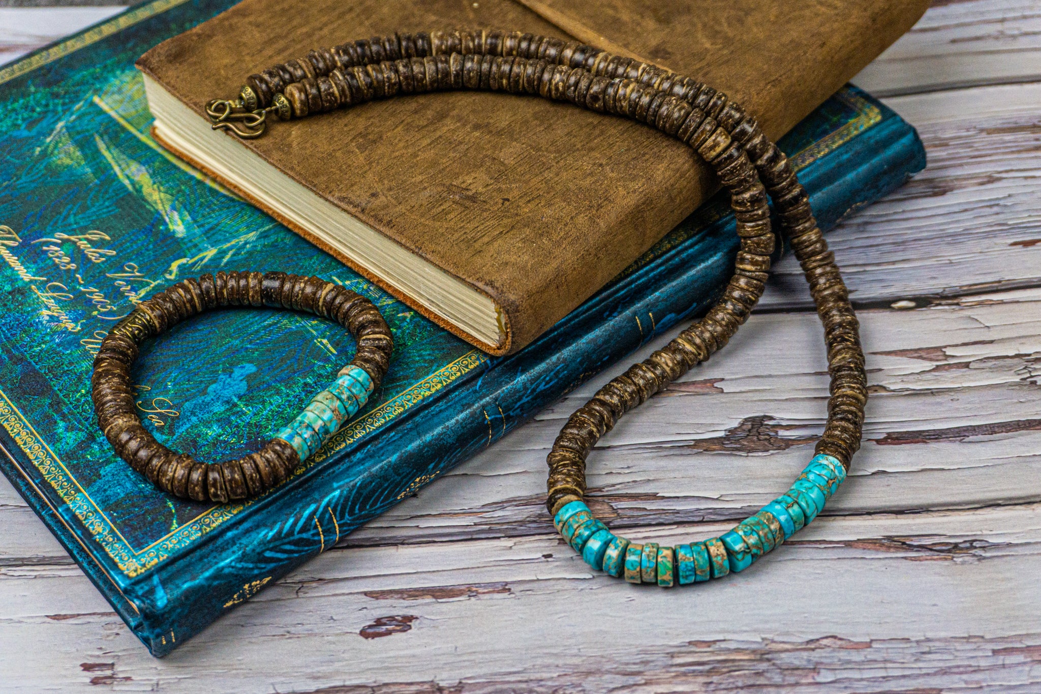 coconut shell and turquoise Imperial Jasper gemstone heishi beads necklace and bracelet- wander jewellery