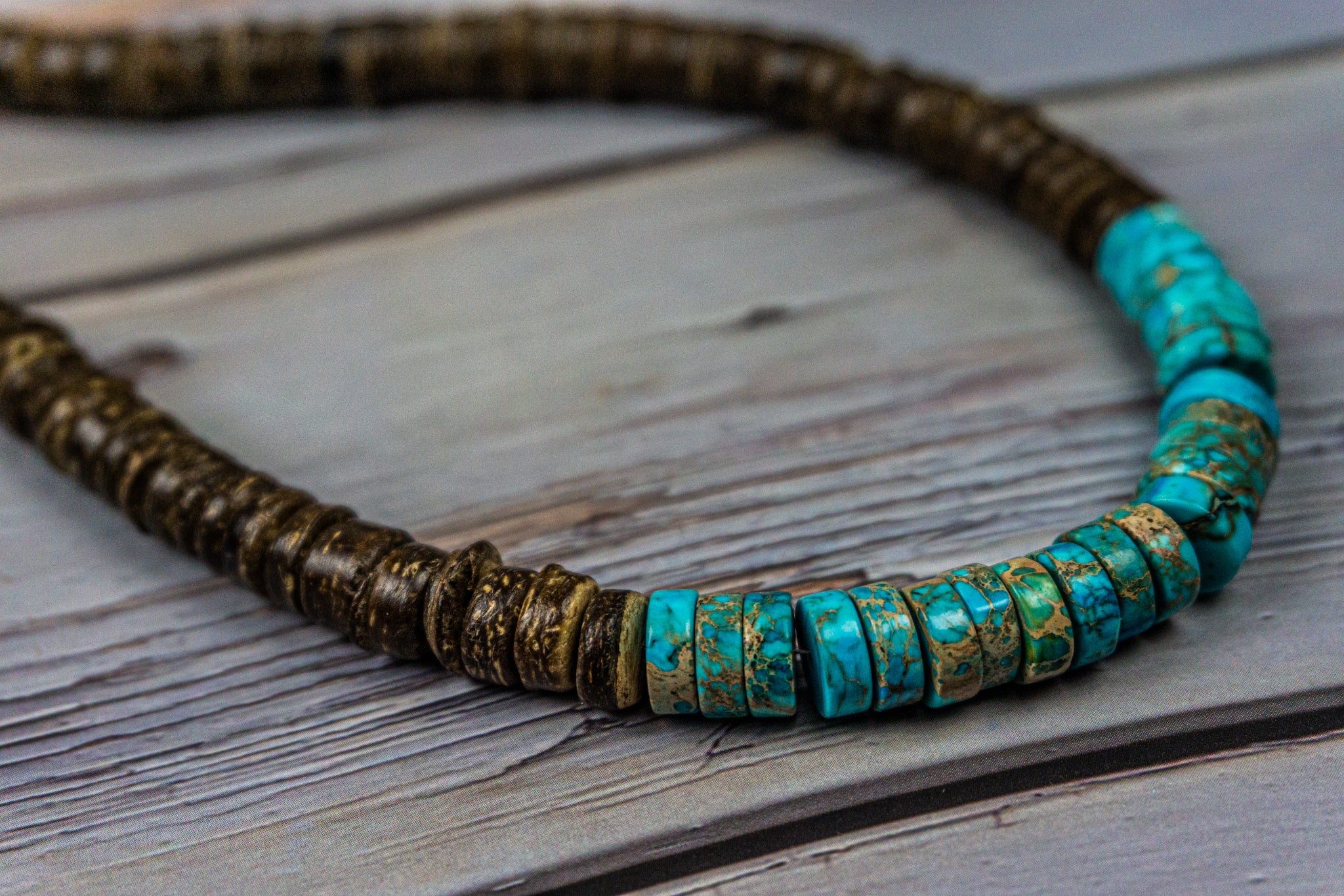 coconut and turquoise Imperial Jasper gemstone heishi beads necklace- wander jewellery