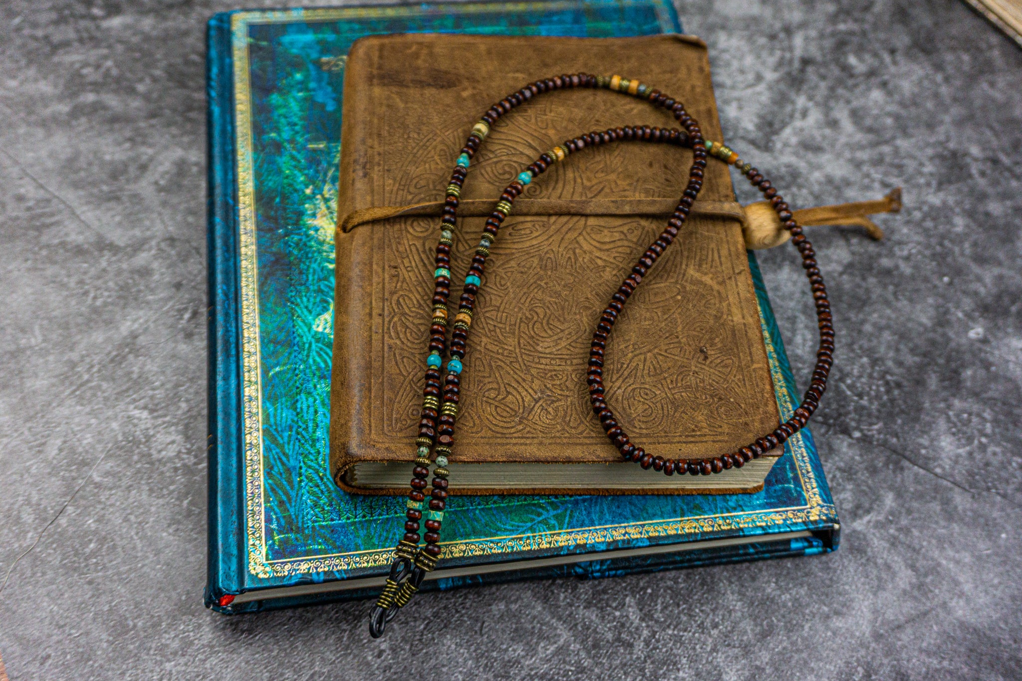 wooden beaded and turquoise and jaspergemstone sunglasses chain holder- wander jewellery