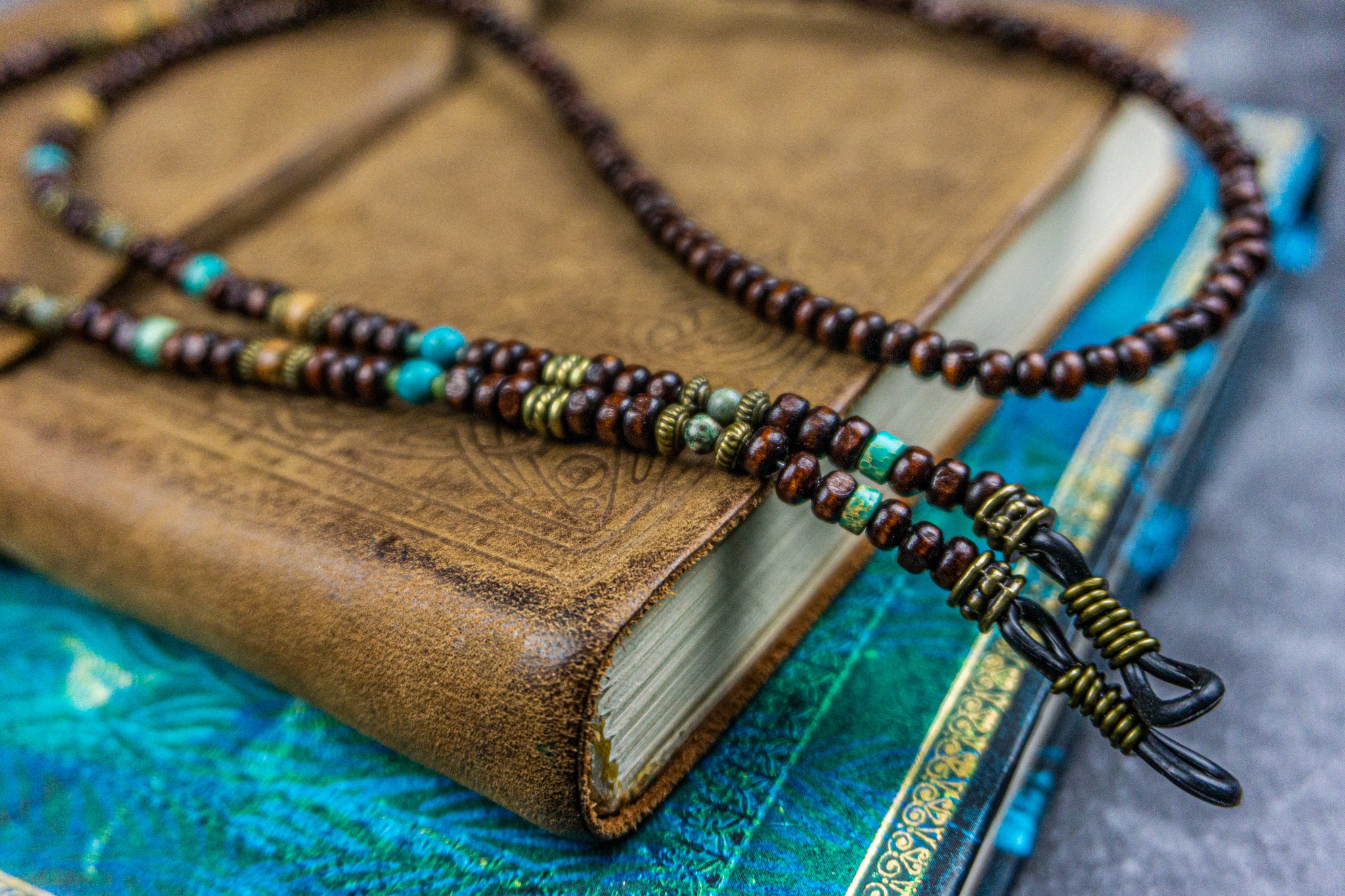 wooden beaded and turquoise and jaspergemstone sunglasses - wander jewellery