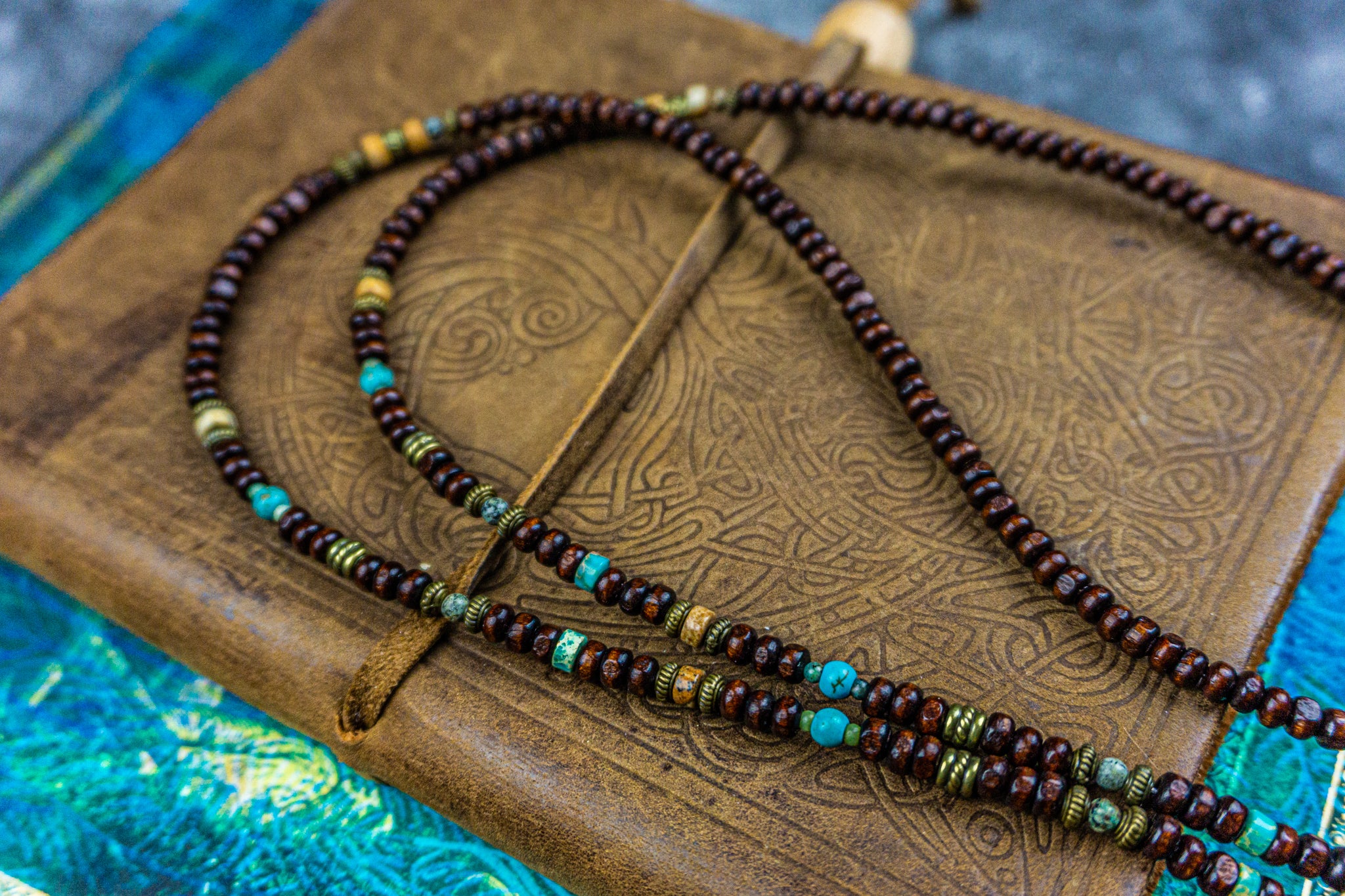 wooden beaded and turquoise and jaspergemstone glasses chain holder- wander jewellery