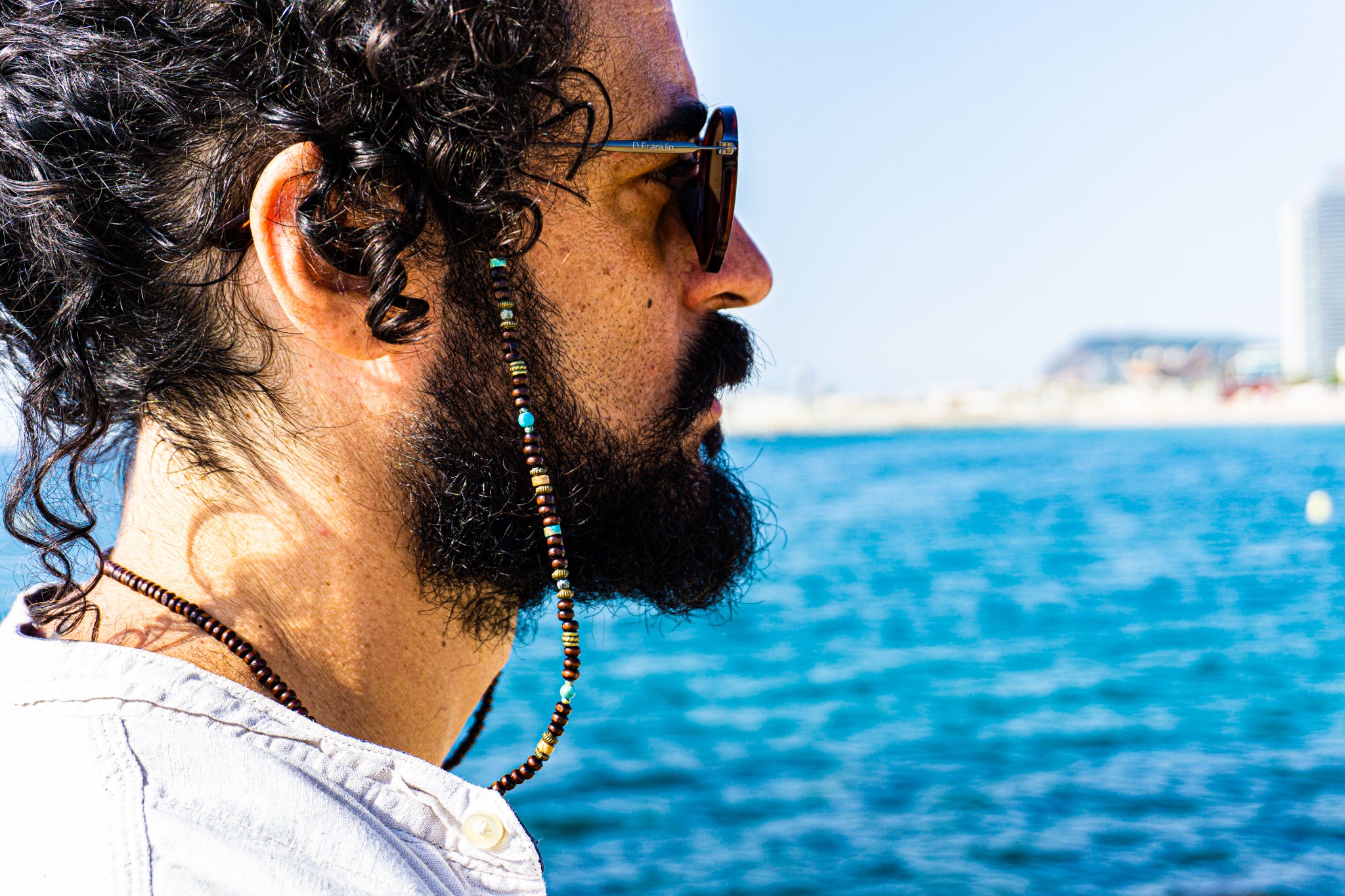 wooden beaded and turquoise and jaspergemstone sunglasses chain holder for men- wander jewellery