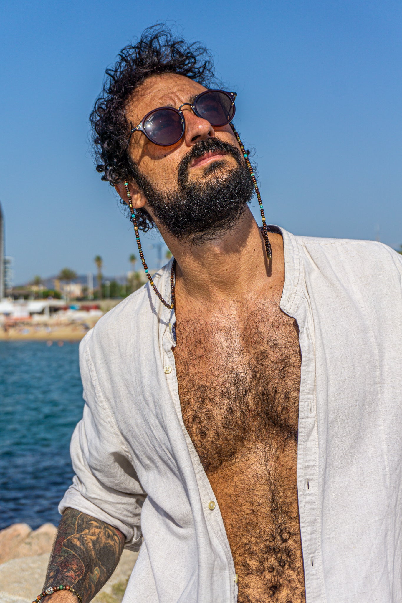 mens wooden bead and turquoise and jaspergemstone sunglasses chain holder- wander jewellery