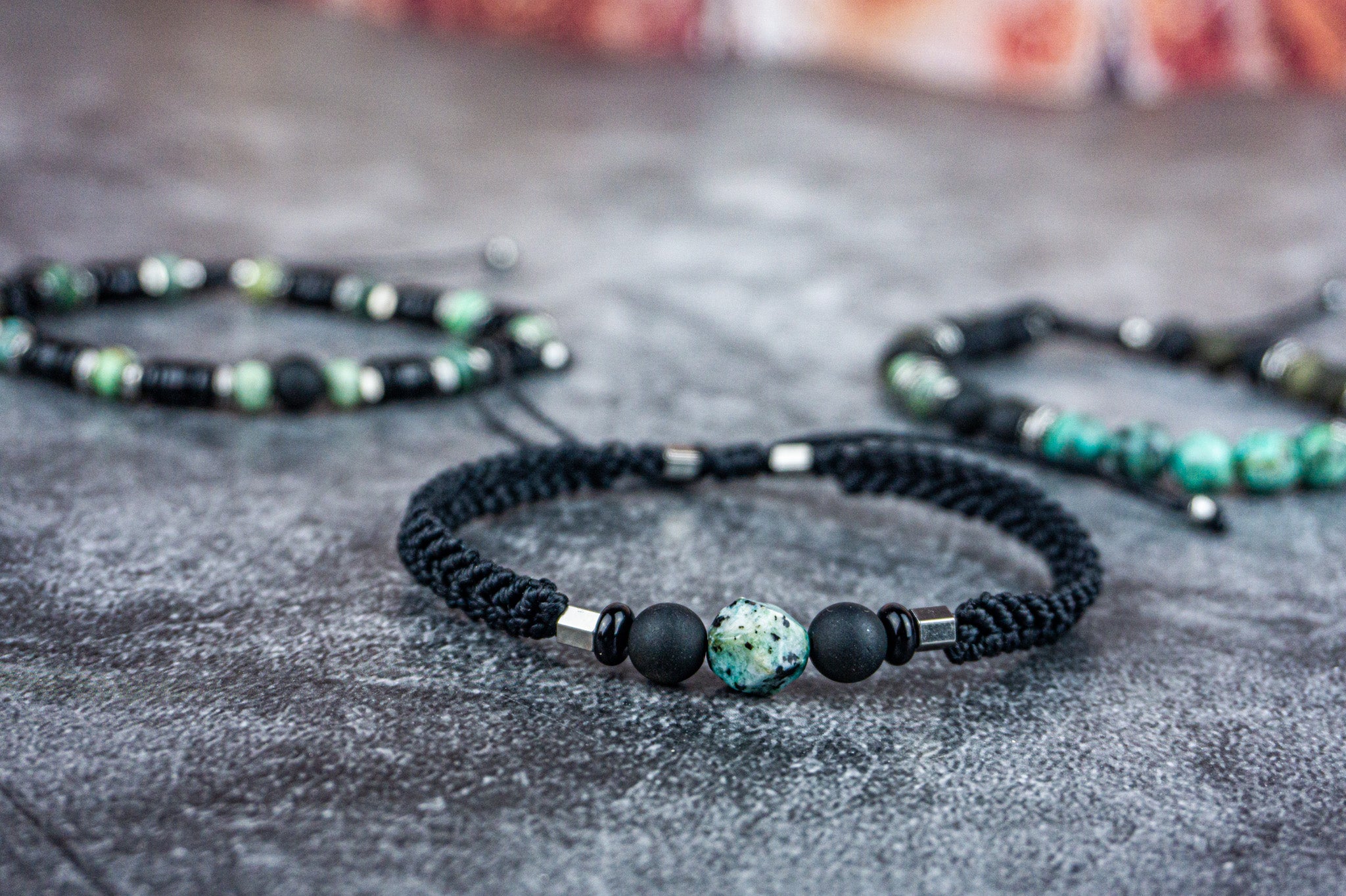 black macrame and onyx and obsidian and green african turquoise jasper beaded bracelet set of 3- wander jewellery