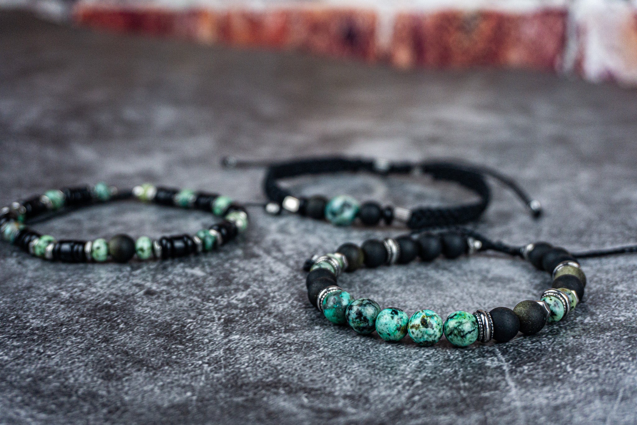 black onyx and obsidian and green african turquoise jasper beaded braceleta wander jewellery