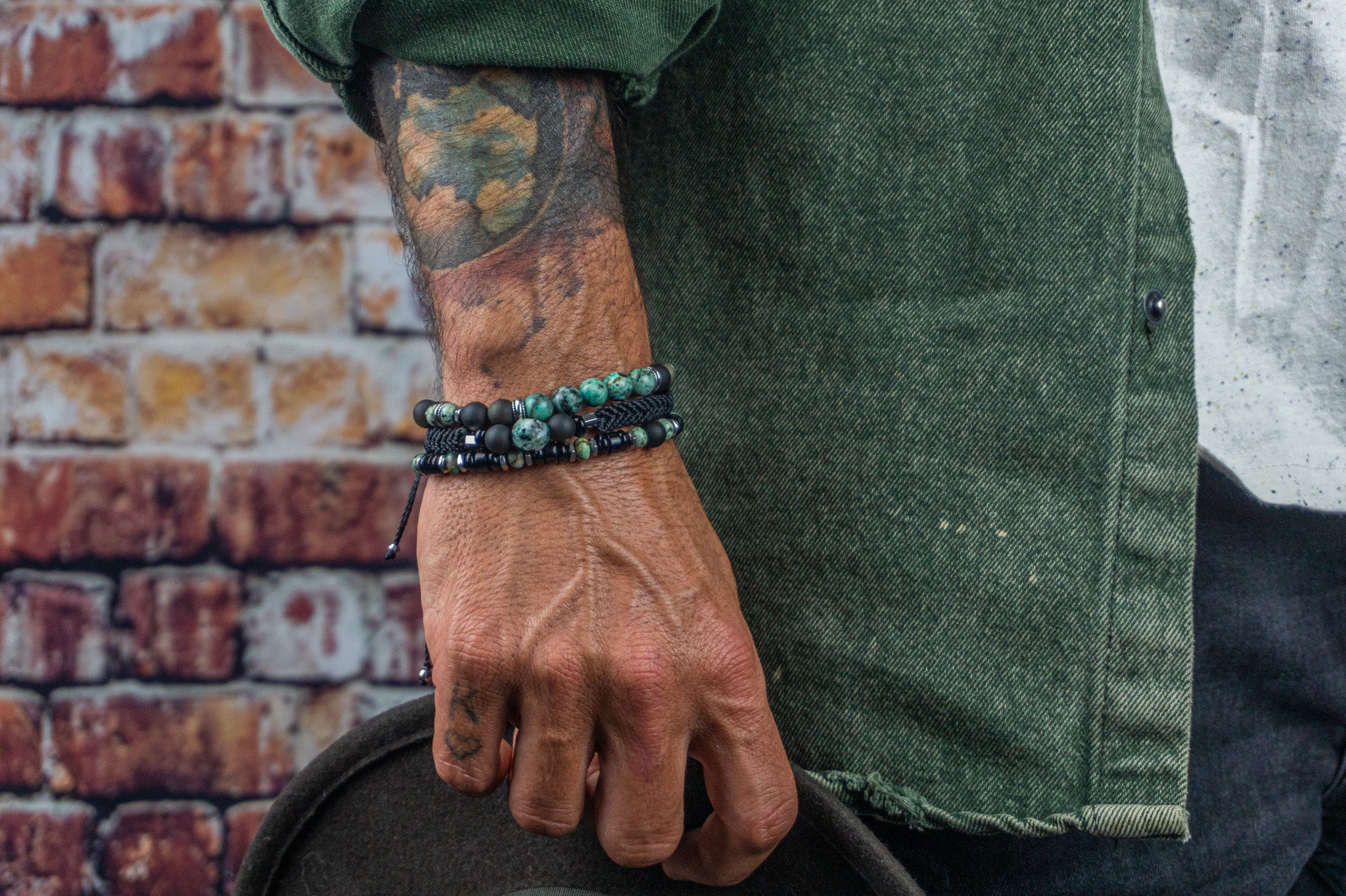 mens black onyx and obsidian and green african turquoise jasper beaded bracelet set - wander jewellery