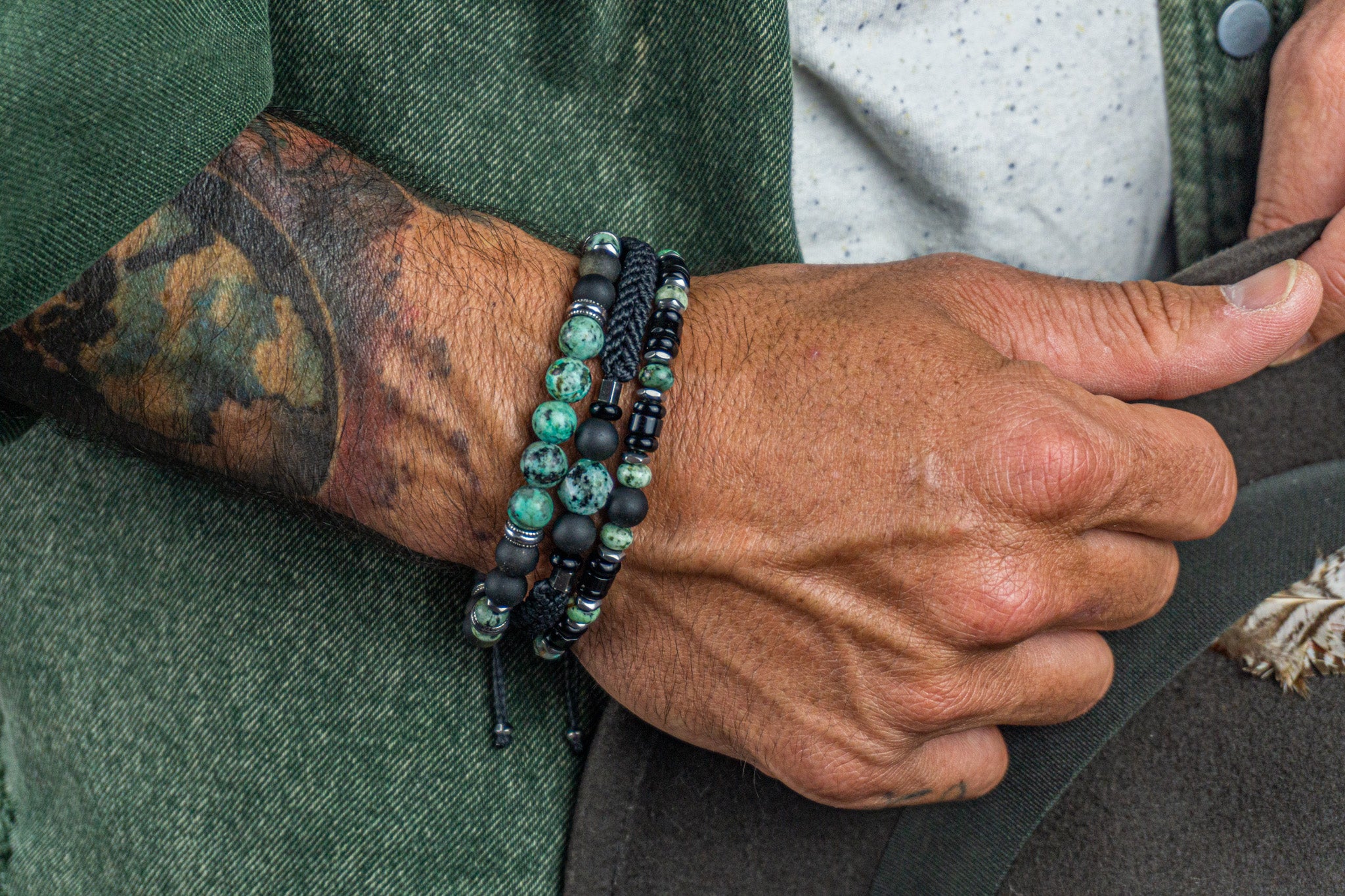 mens black onyx and obsidian and green african turquoise jasper beaded bracelet set of 3- wander jewellery