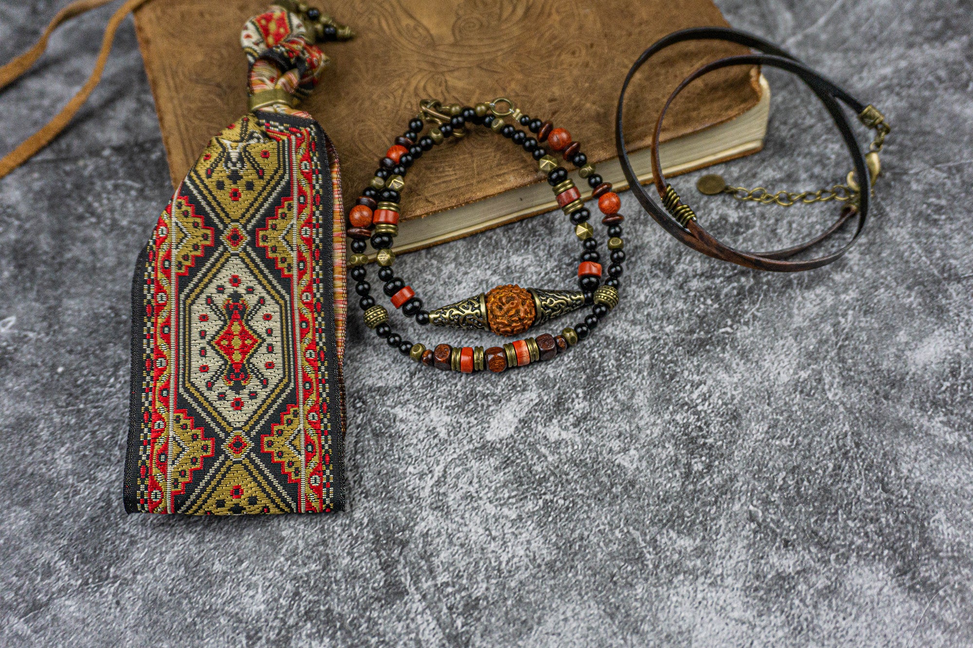 black onyx and agate gemstone , wood, leather and fabric bracelet set