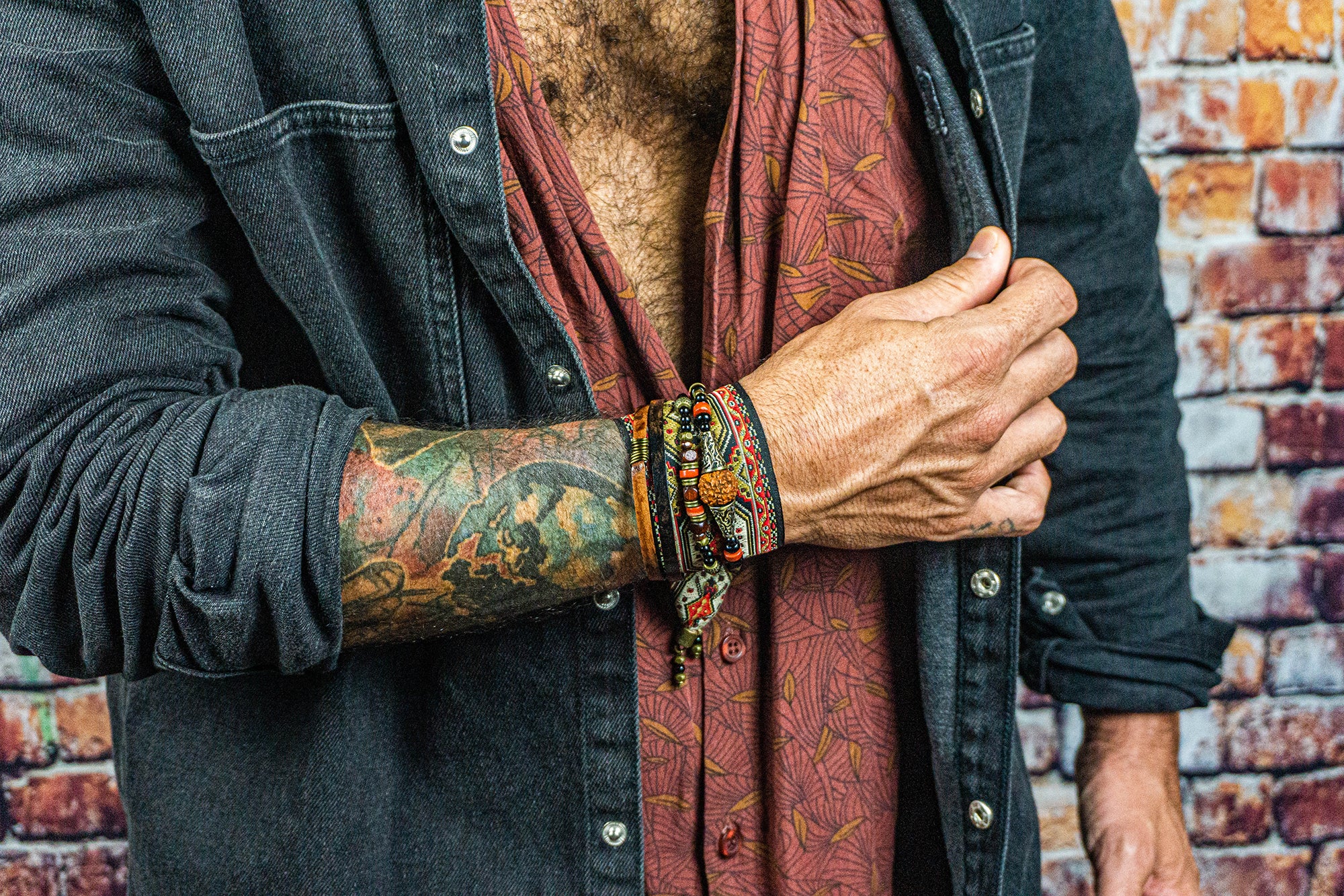 black onyx gemstone , leather wrap and fabric bracelet set