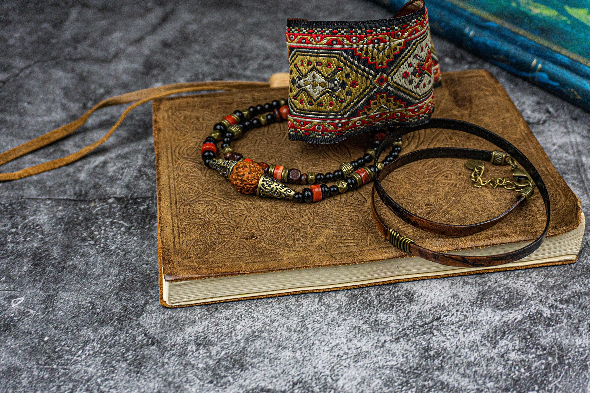 black onyx gemstone , leather and fabric bracelet set of 3