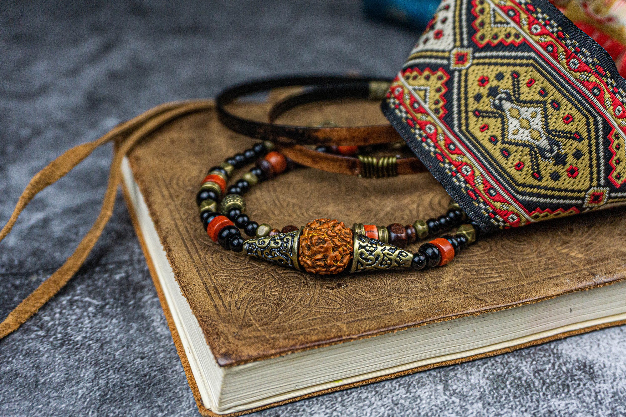 black onyx gemstone , leather and fabric bracelet set