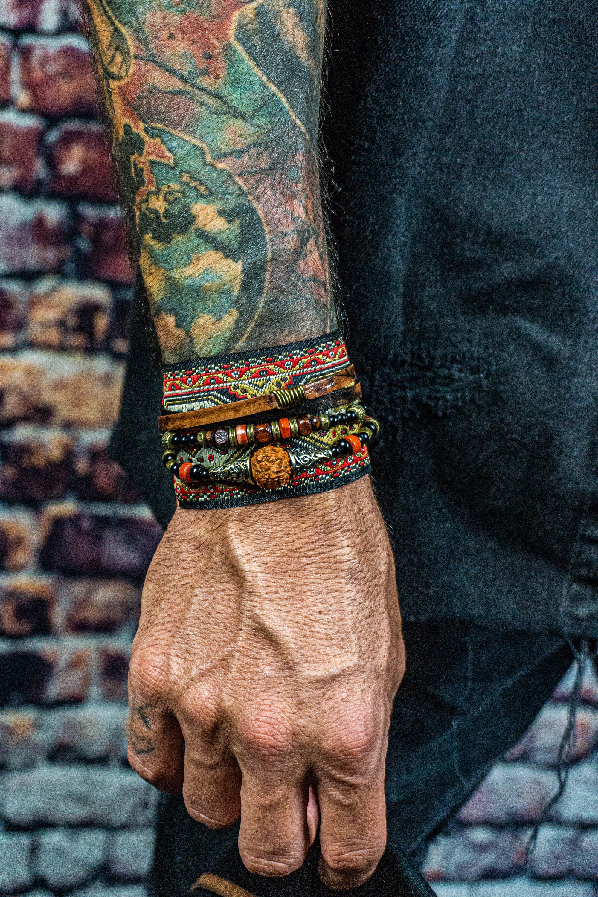 black onyx gemstone , leather and fabric stacking bracelet set