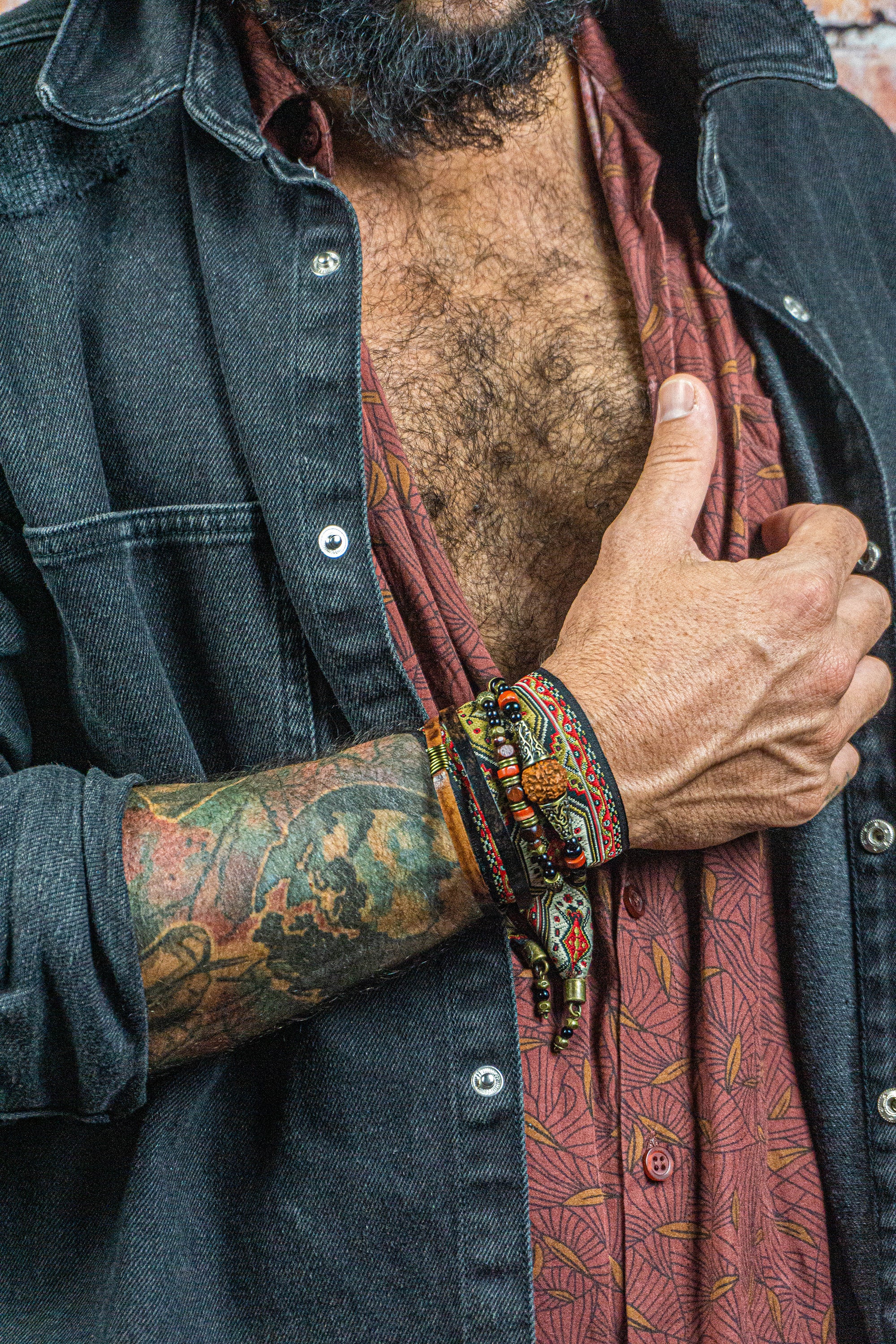 boho gypsy black onyx gemstone , leather and fabric bracelet set