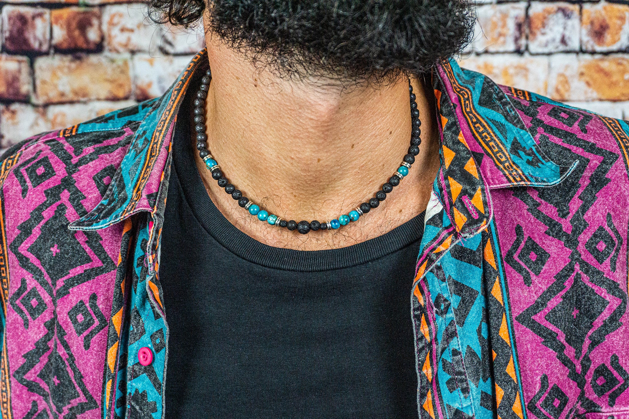 lava stone and turquoise ocean jasper gemstone beaded choker with silver spacer beads- wander jewellery