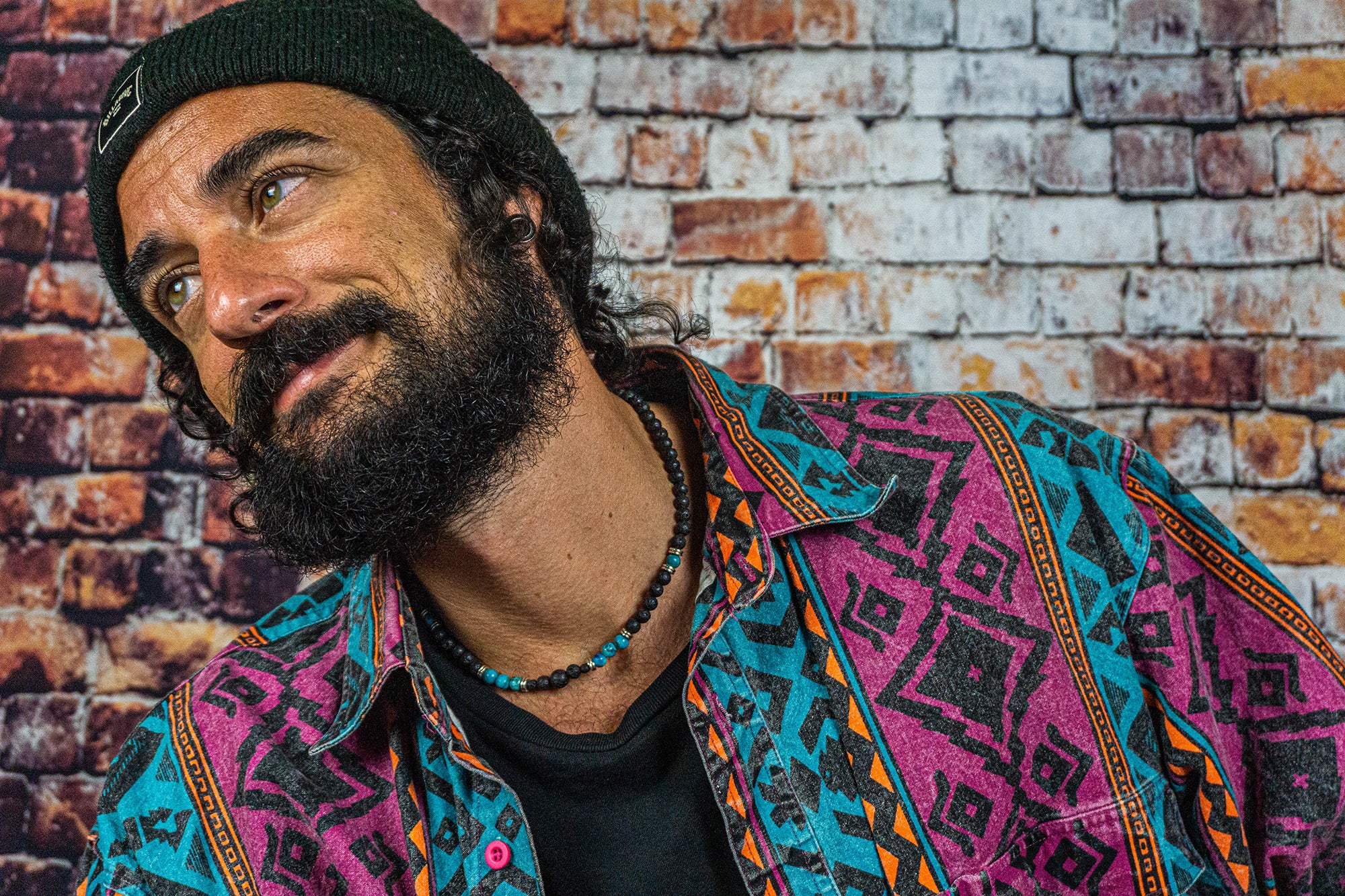 mens lava stone and turquoise ocean jasper gemstone beaded choker necklace with silver spacer beads- wander jewellery