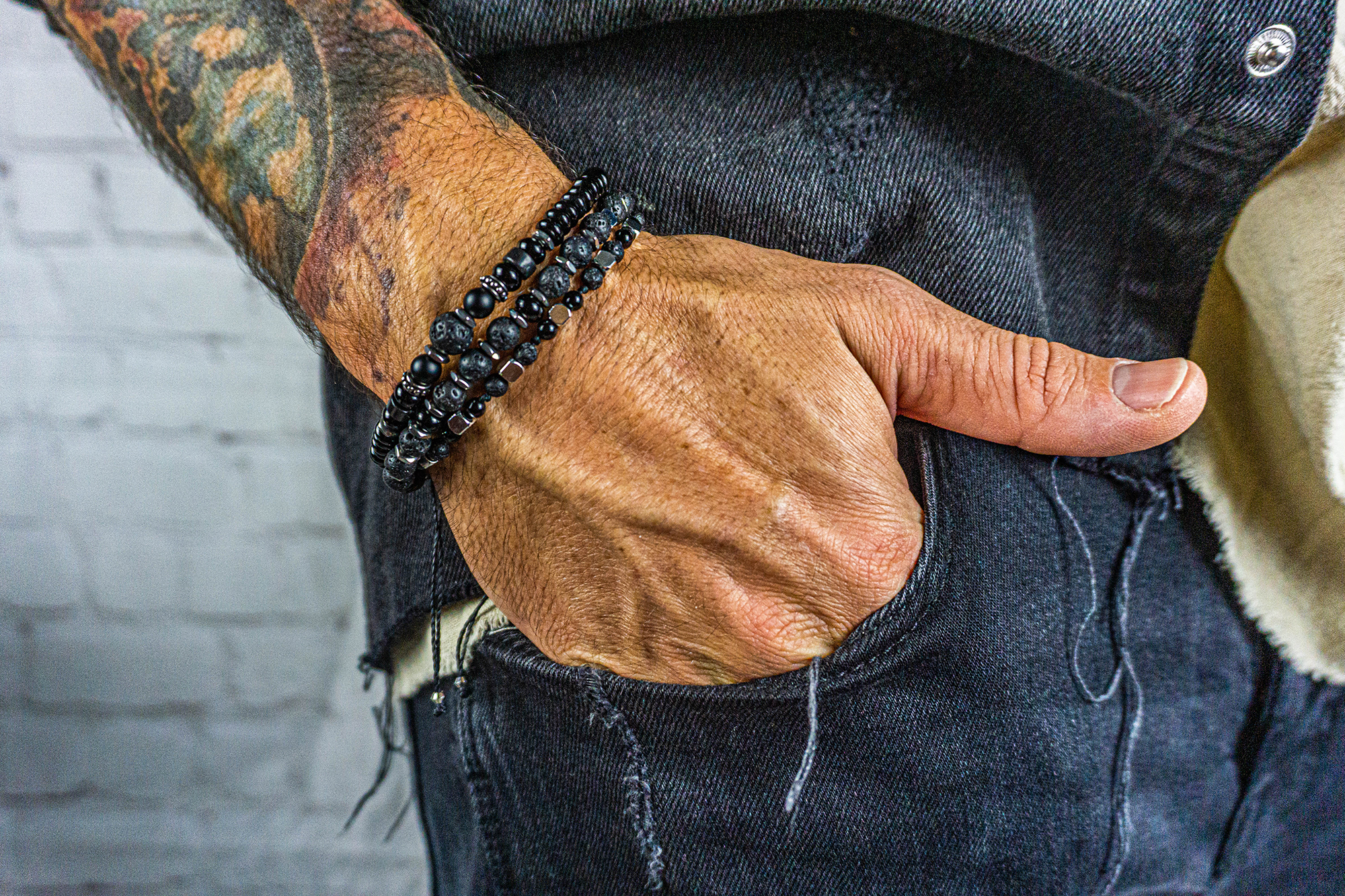 all black onyx and lava stone bracelet set of 3