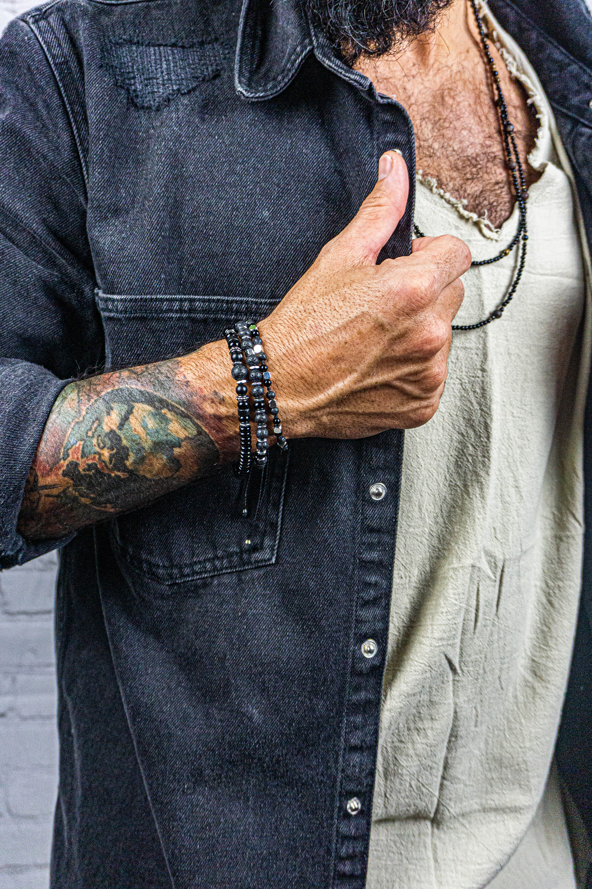 back onyx and lava stone bead bracelet set of 3