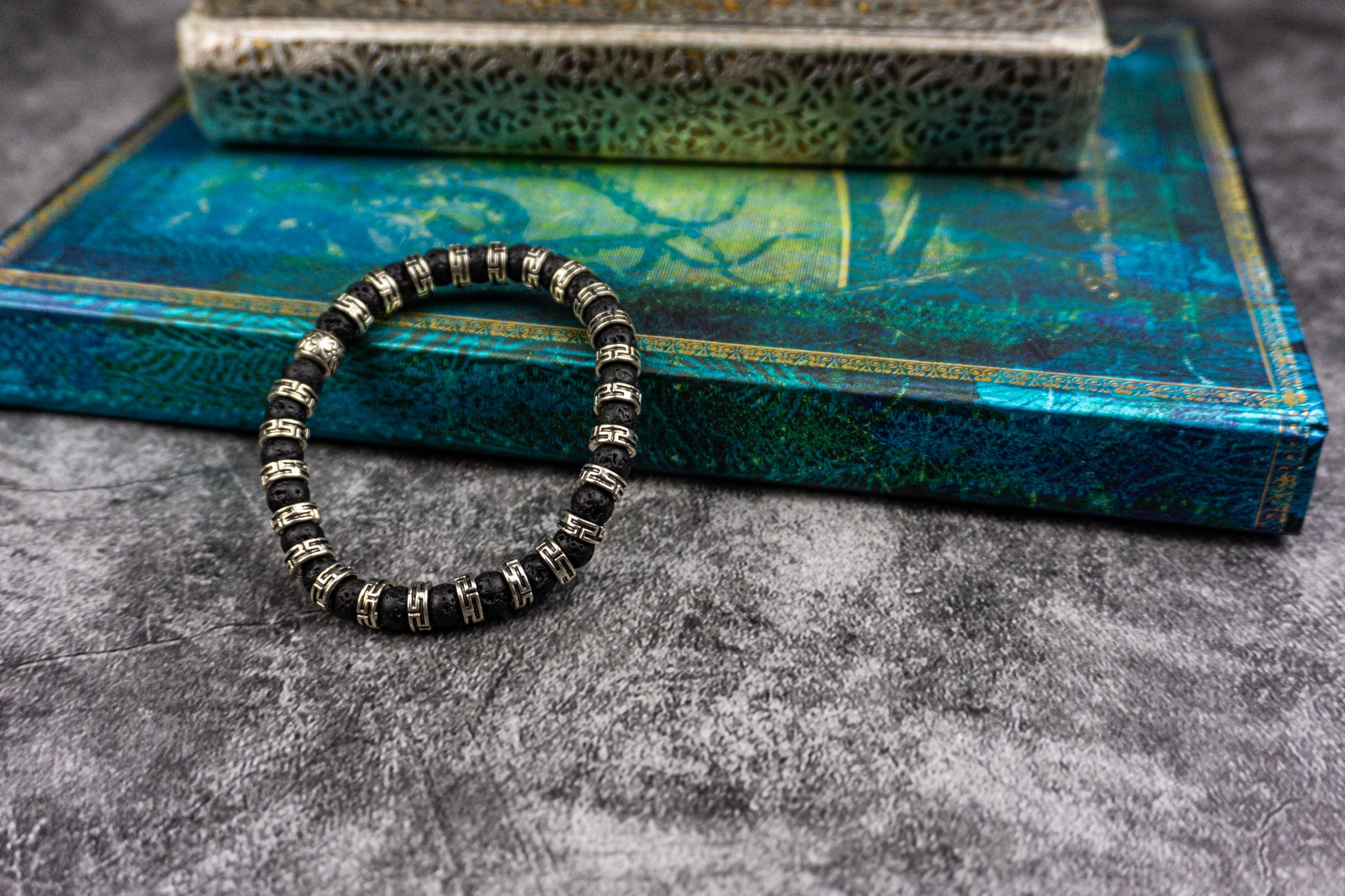 black lava stone 6mm beads with metal silver color spacer beads bracelet for men