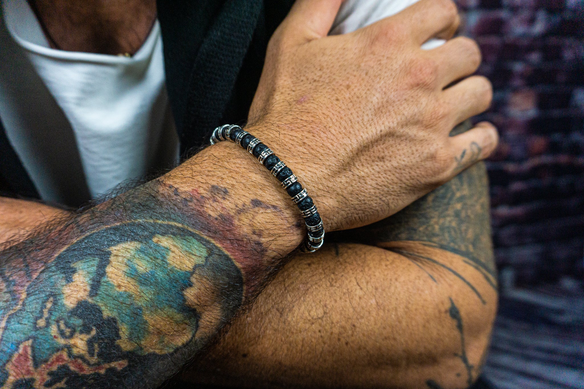 black lava stone bracelet with metal silver color spacer beads