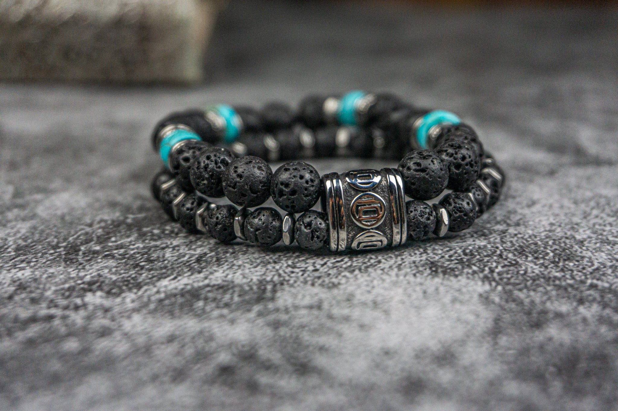 mens bracelet set with lava stone, tuquoise and stainless steel beads- wander jewellery