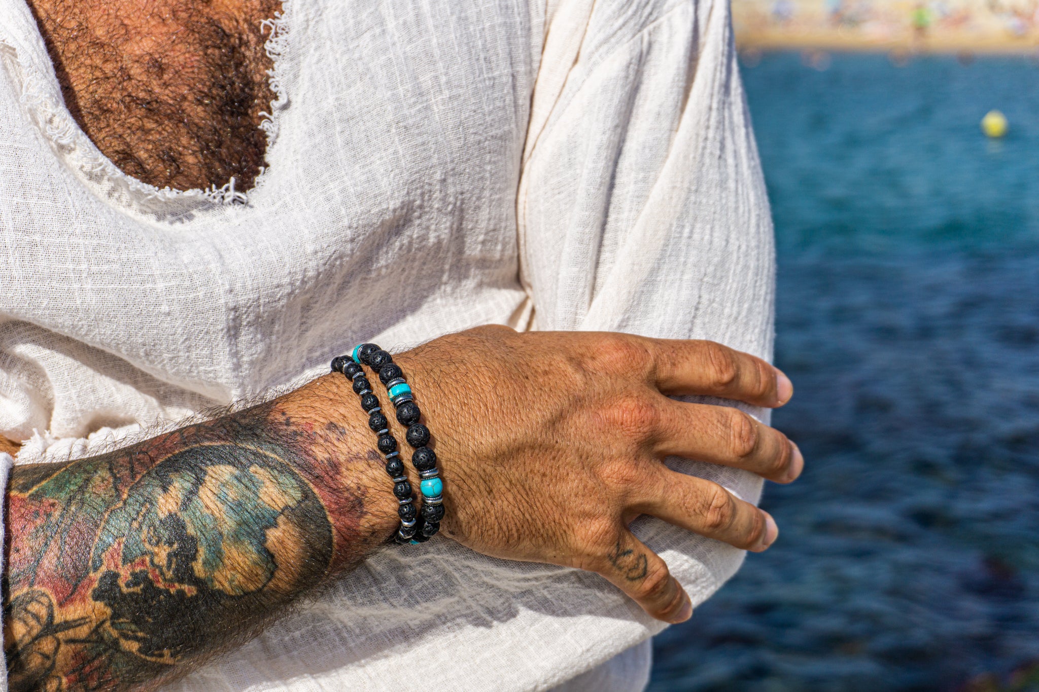 double bracelet set for menwith lava stone, tuquoise and stainless steel beads- wander jewellery