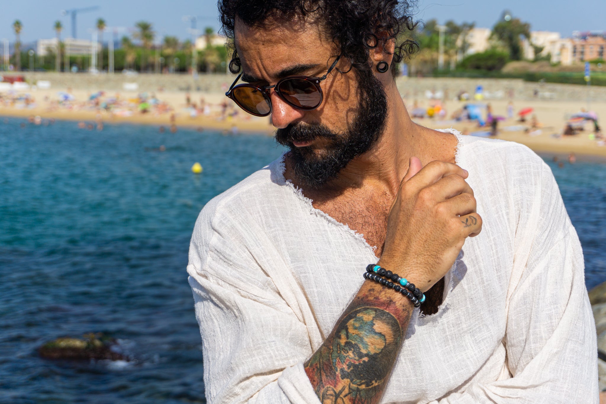 mens double bracelet set with lava stone, tuquoise and stainless steel details- wander jewellery