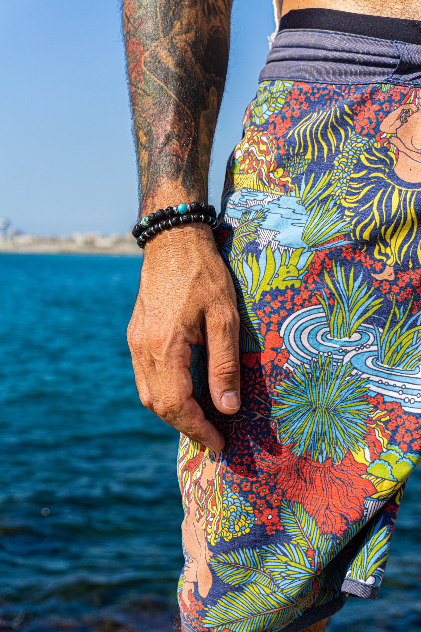 mens summer waterproof beaded bracelet set made of lava stone and turquoise beads- wader jewellery