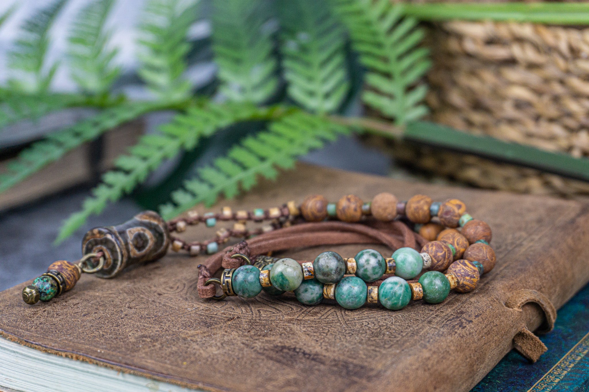 leather, jade, jasper beaded boho necklace with thrd eye agate pendant