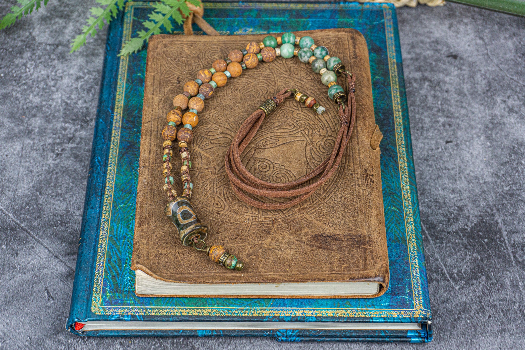 leather, jade, jasper beaded necklace with thrd eye agate pendant