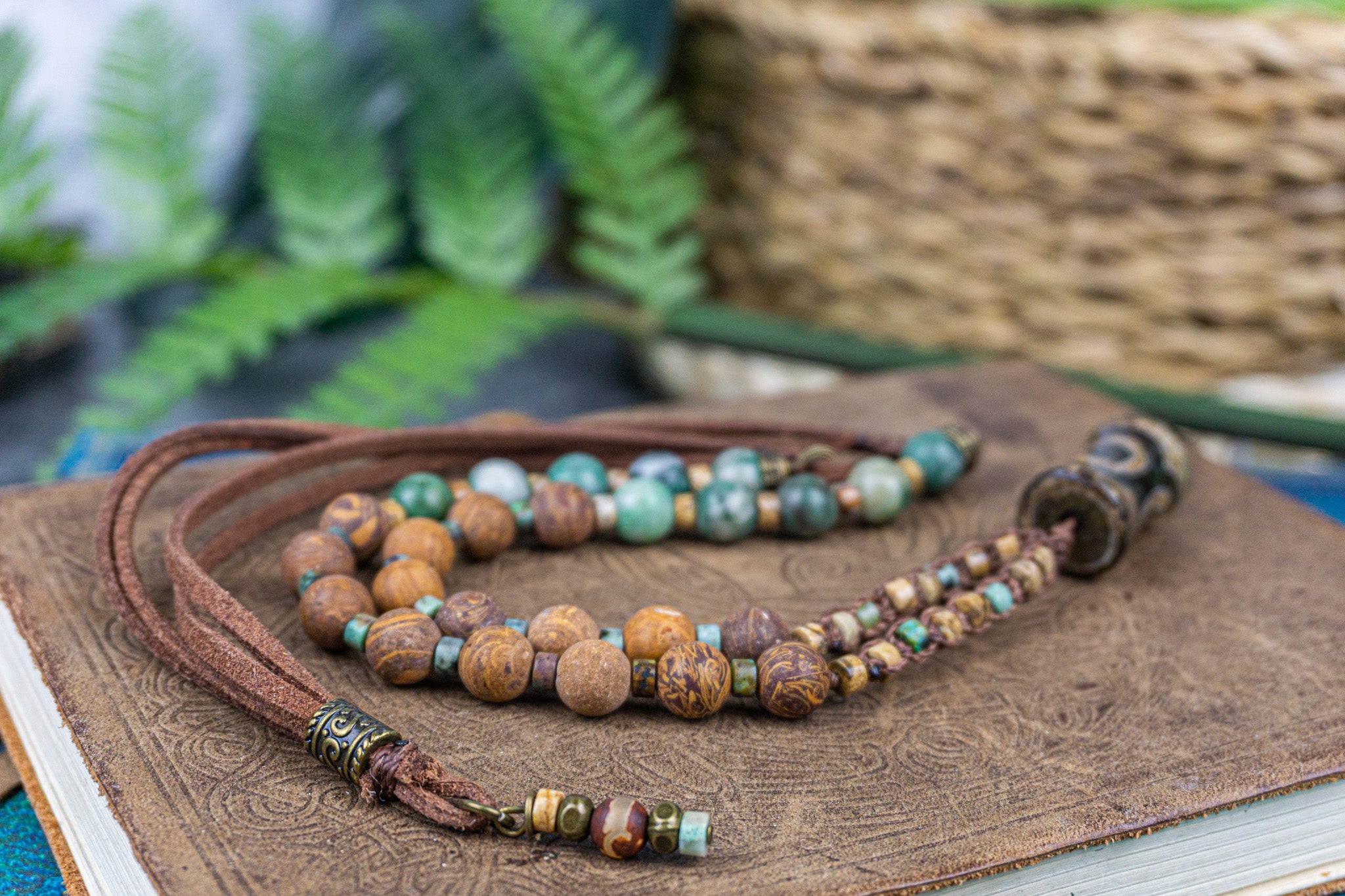 leather, jade, jasper beaded mala necklace with thrd eye agate pendant
