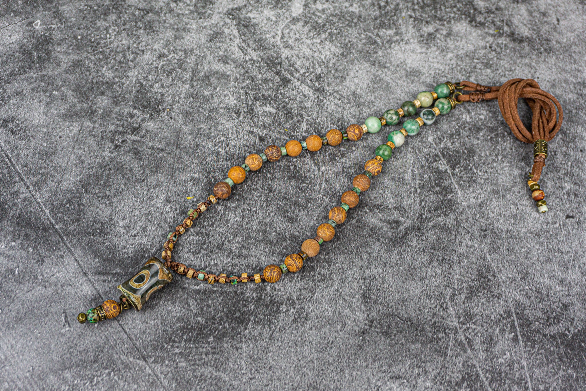 mens leather, jade, jasper beaded mala necklace with third eye agate pendant- wander jewelry
