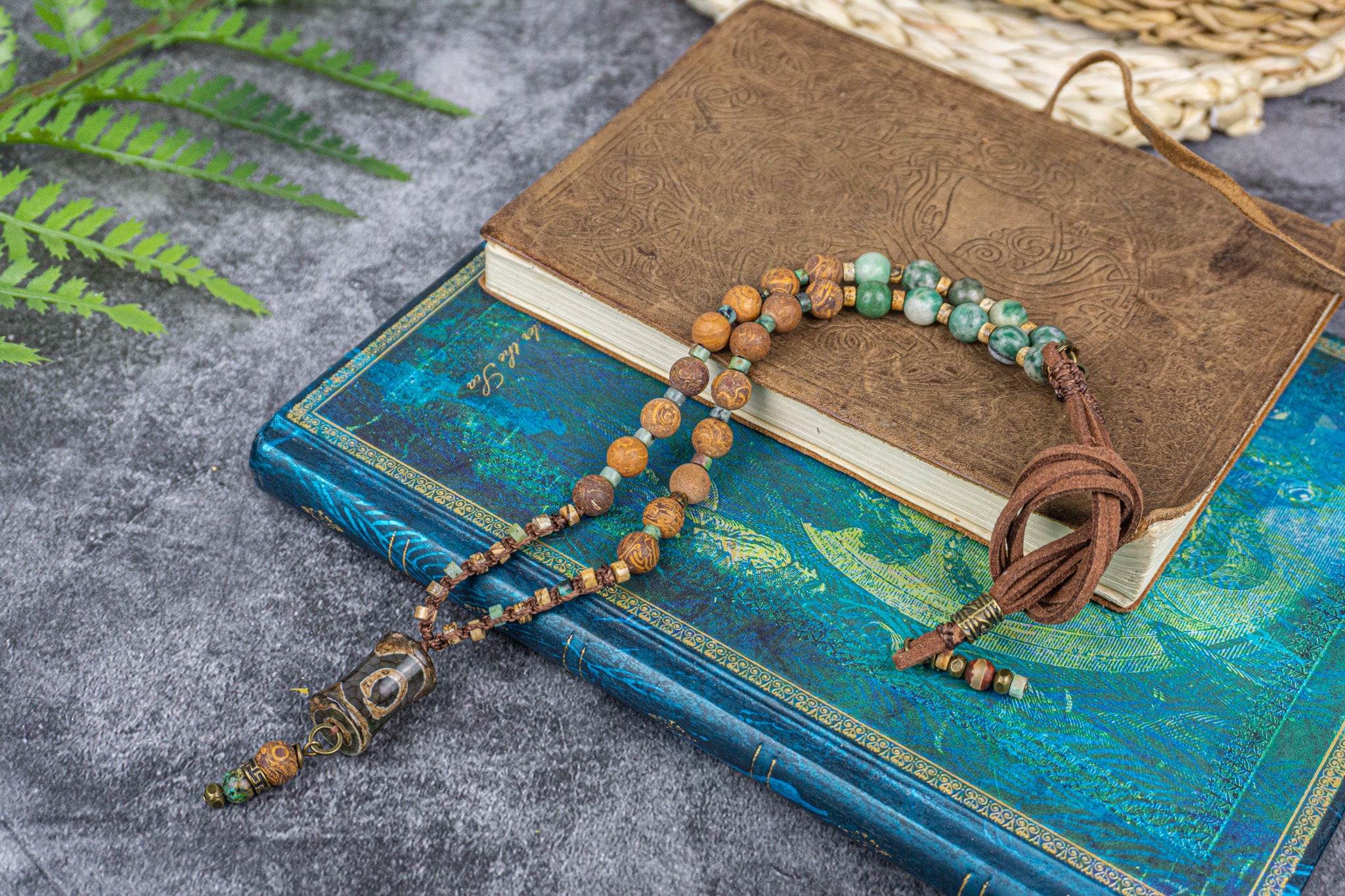 leather, jade, jasper beaded tibetan necklace with thrd eye agate pendant