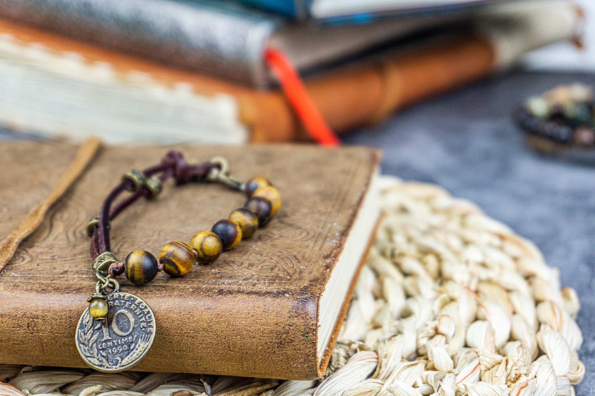 mens leather and frosted tiger eye beaded charm bracelet