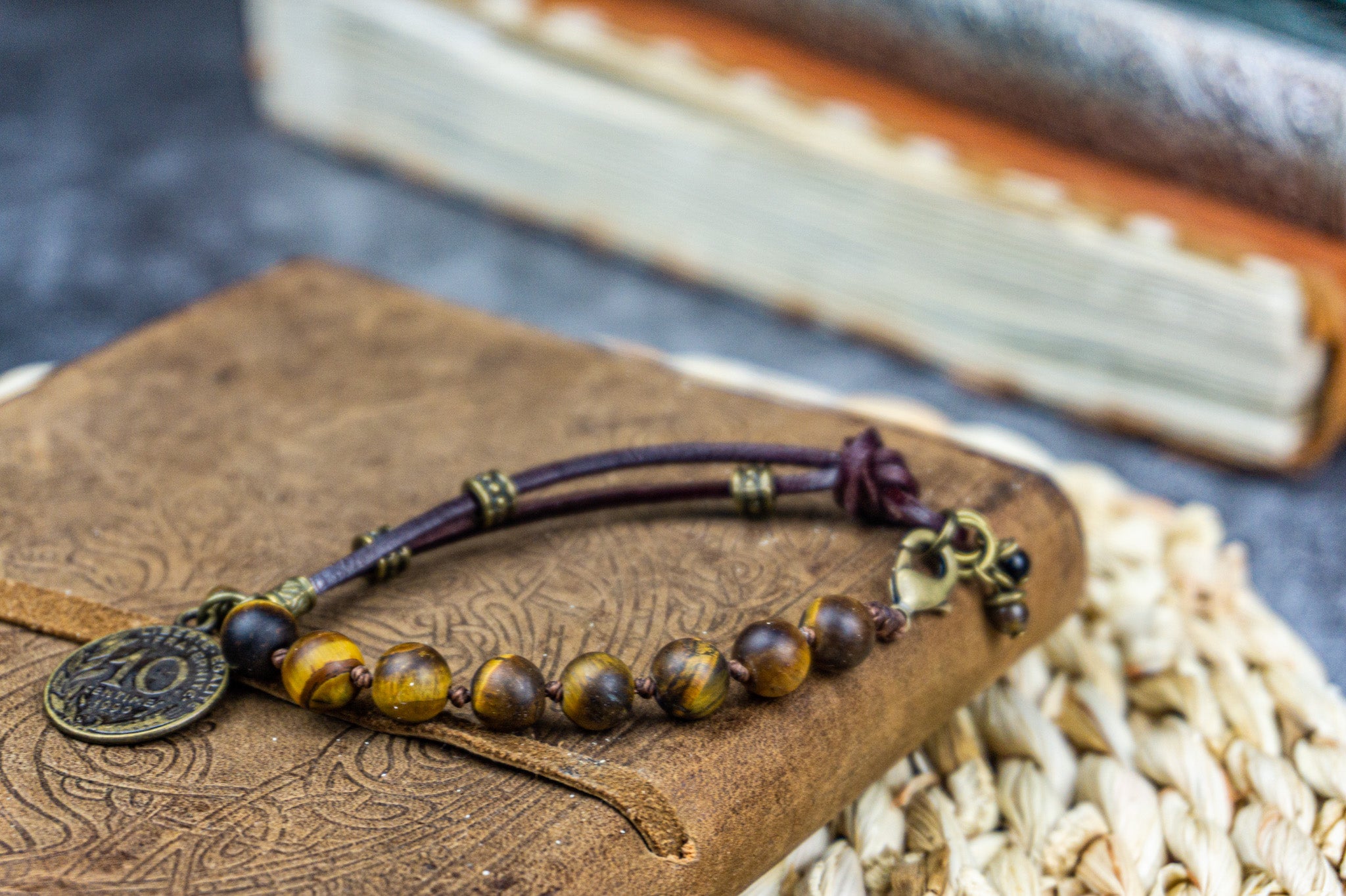 leather and tiger eye beaded charm bracelet