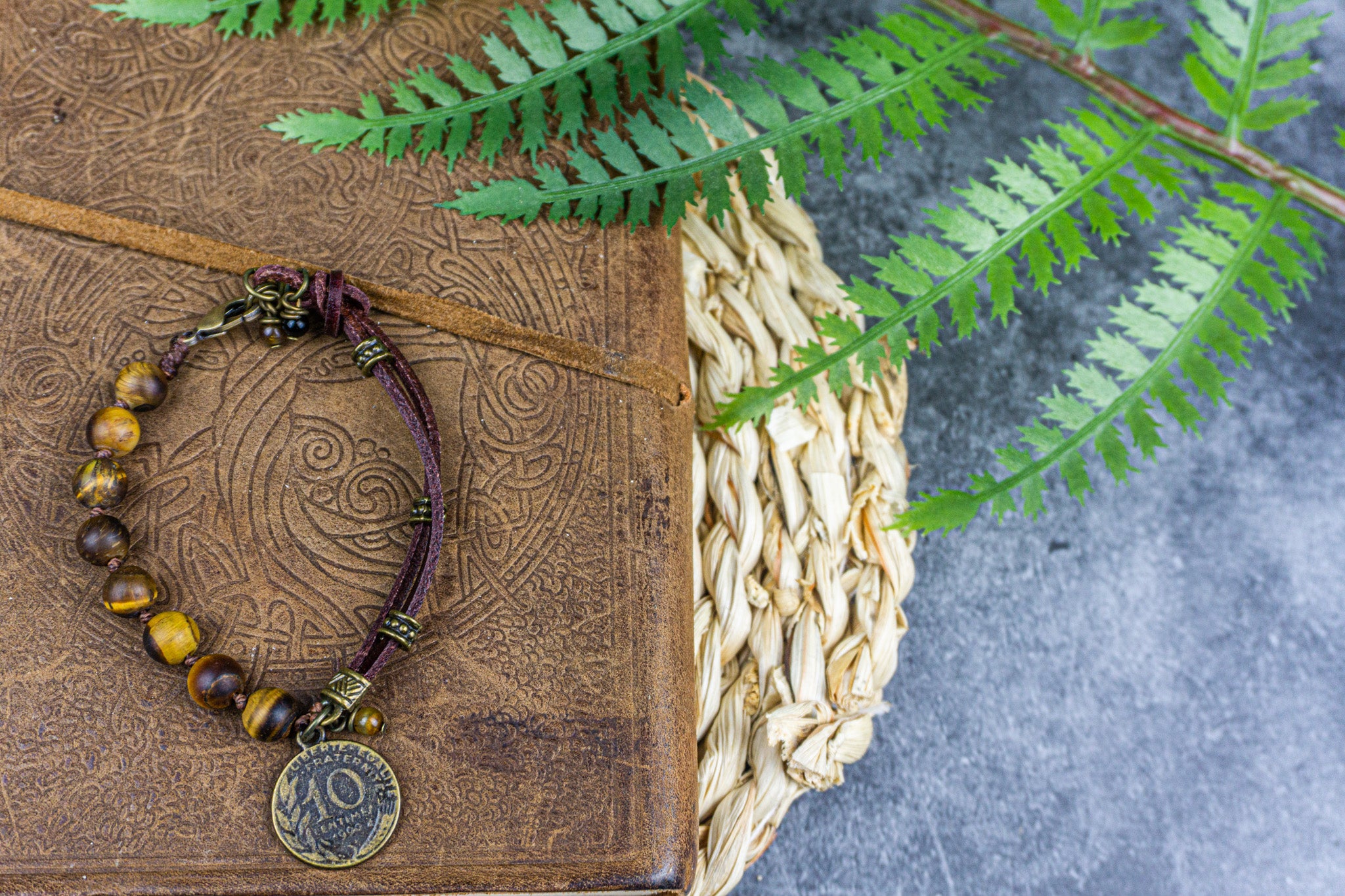 leather and tiger eye beaded coin charm bracelet