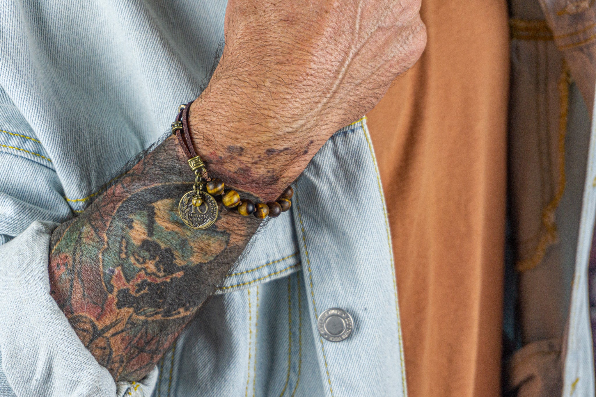 leather and tiger eye beaded charm bracelet for men