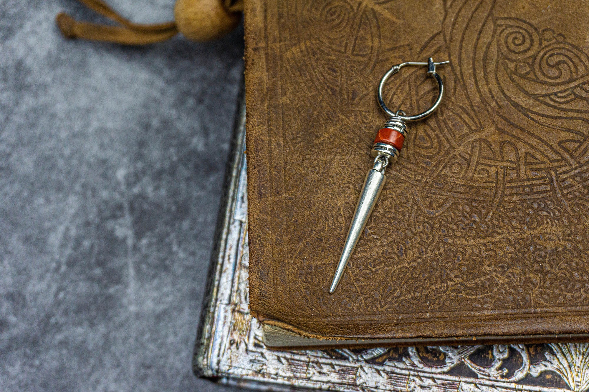 hoop earrings with long dangle silver spike and red jasper gemstone bead