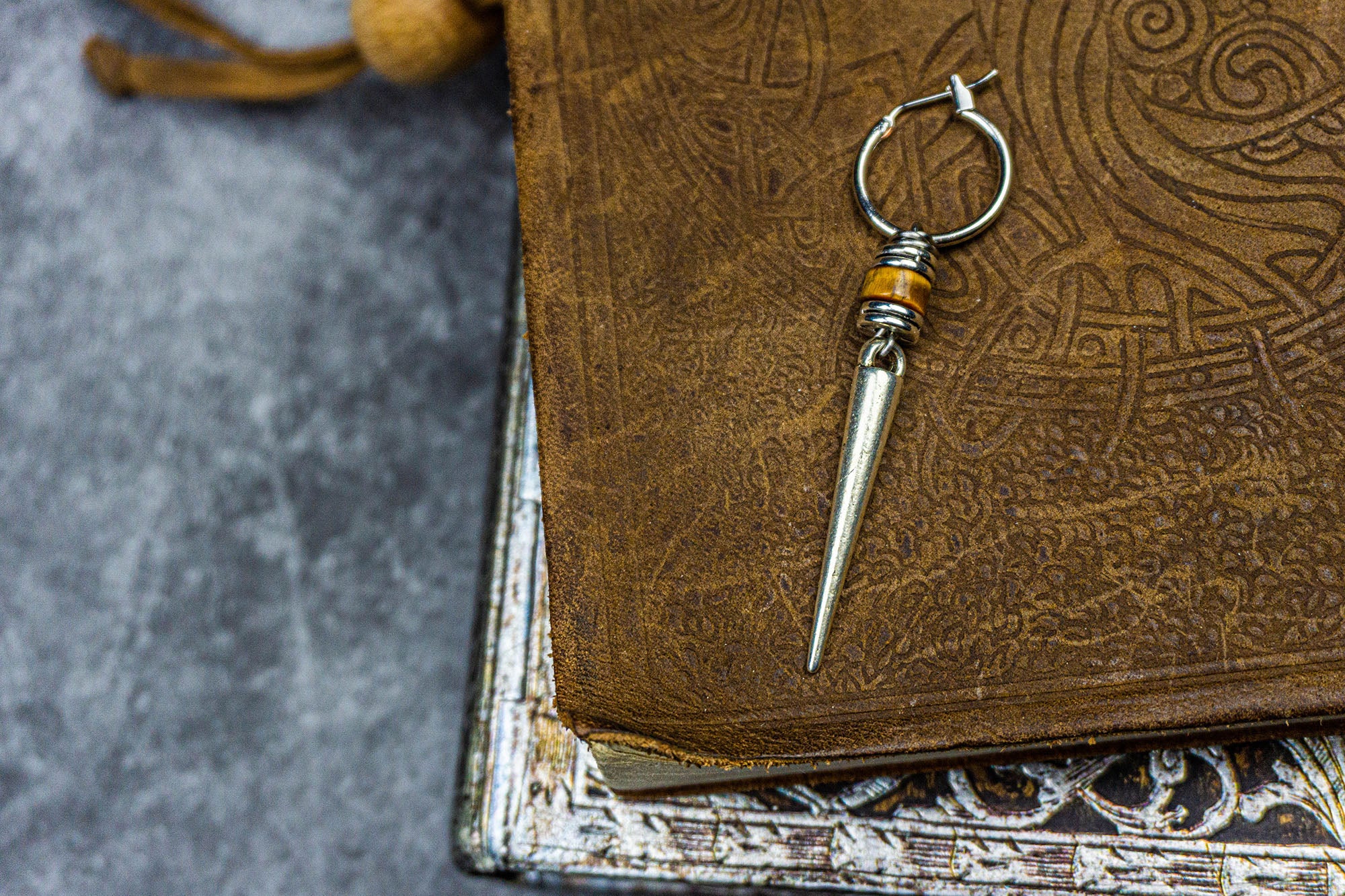 hoop earrings with long dangle silver spike and tiger eye gemstone bead