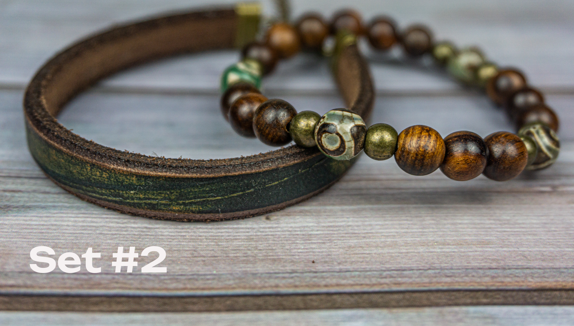 leather and wood gemstone bead bracelet set of 2